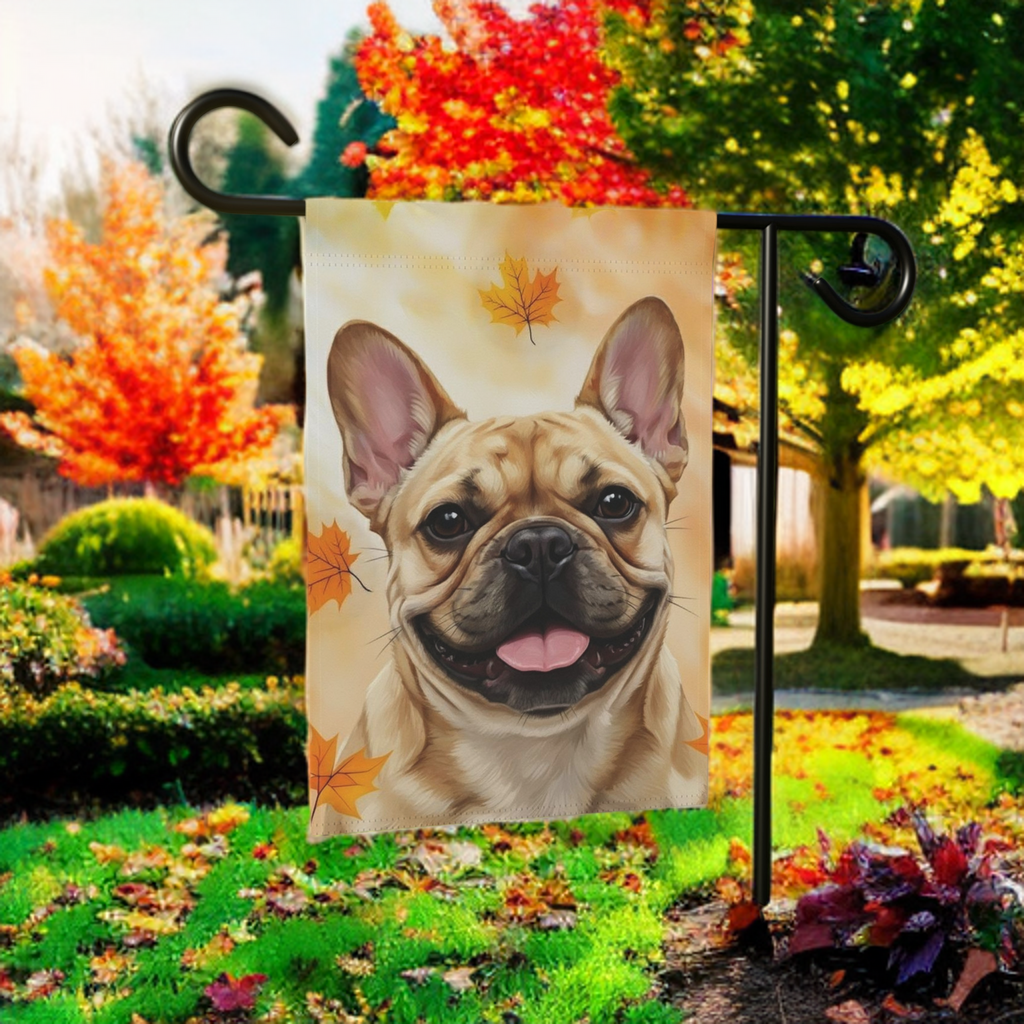 Fall Colors Frenchie Garden Flag - lifestyle display - Dragonfire Gardens