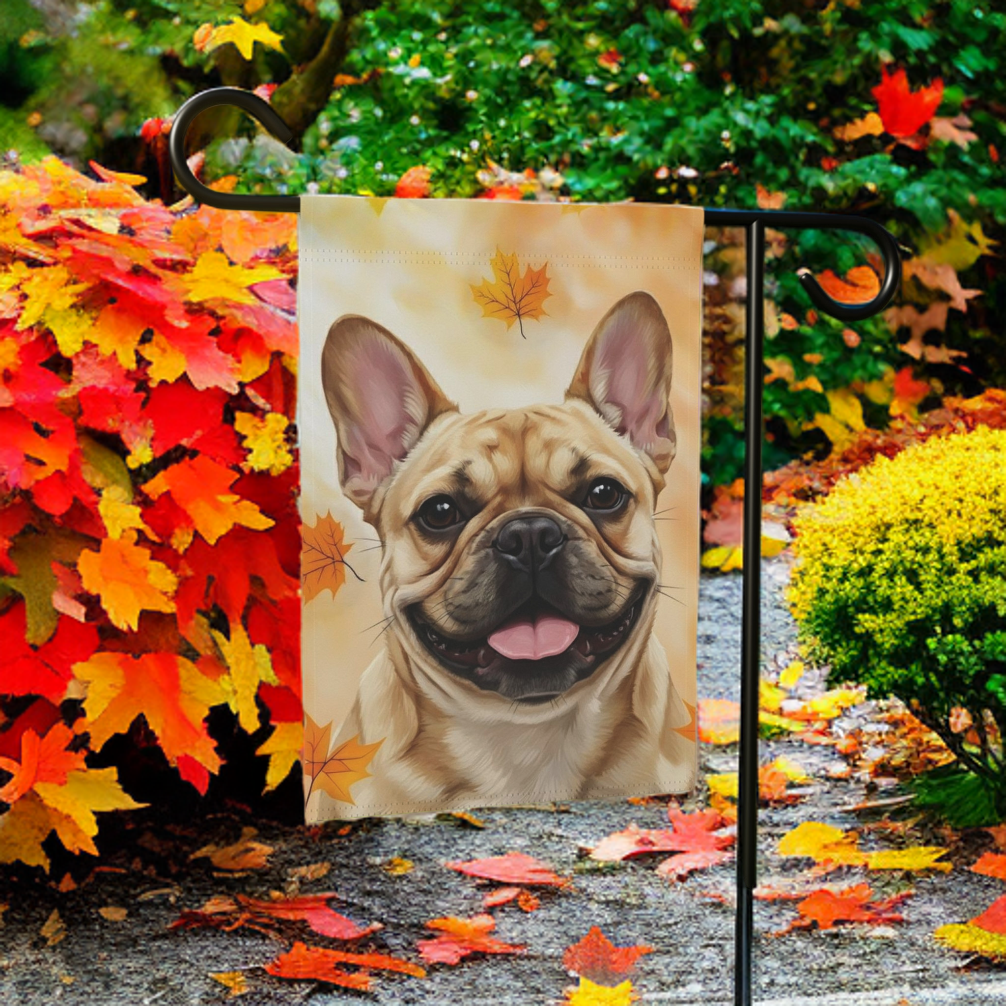 Fall Colors Frenchie Garden Flag - banner view - Dragonfire Gardens