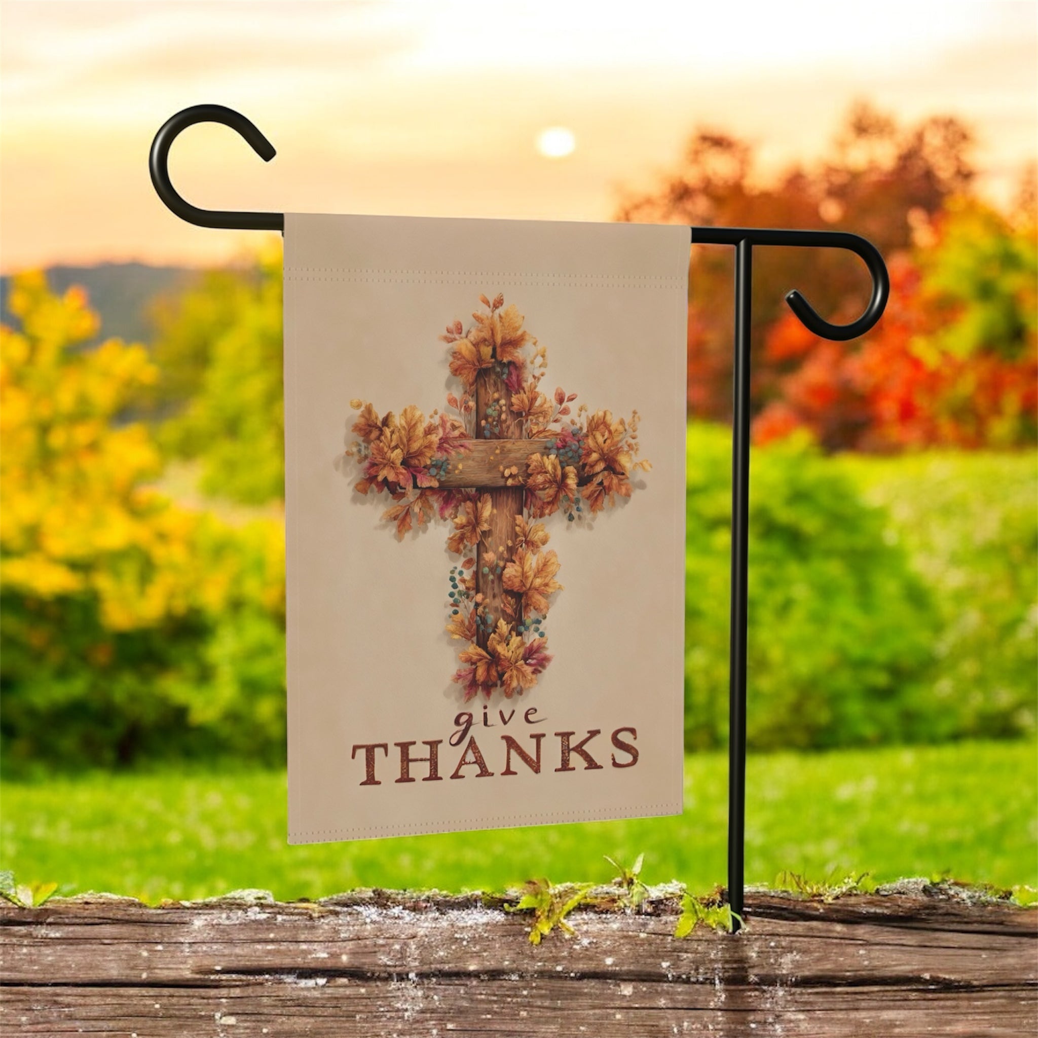Give Thanks Fall Cross Garden Flag