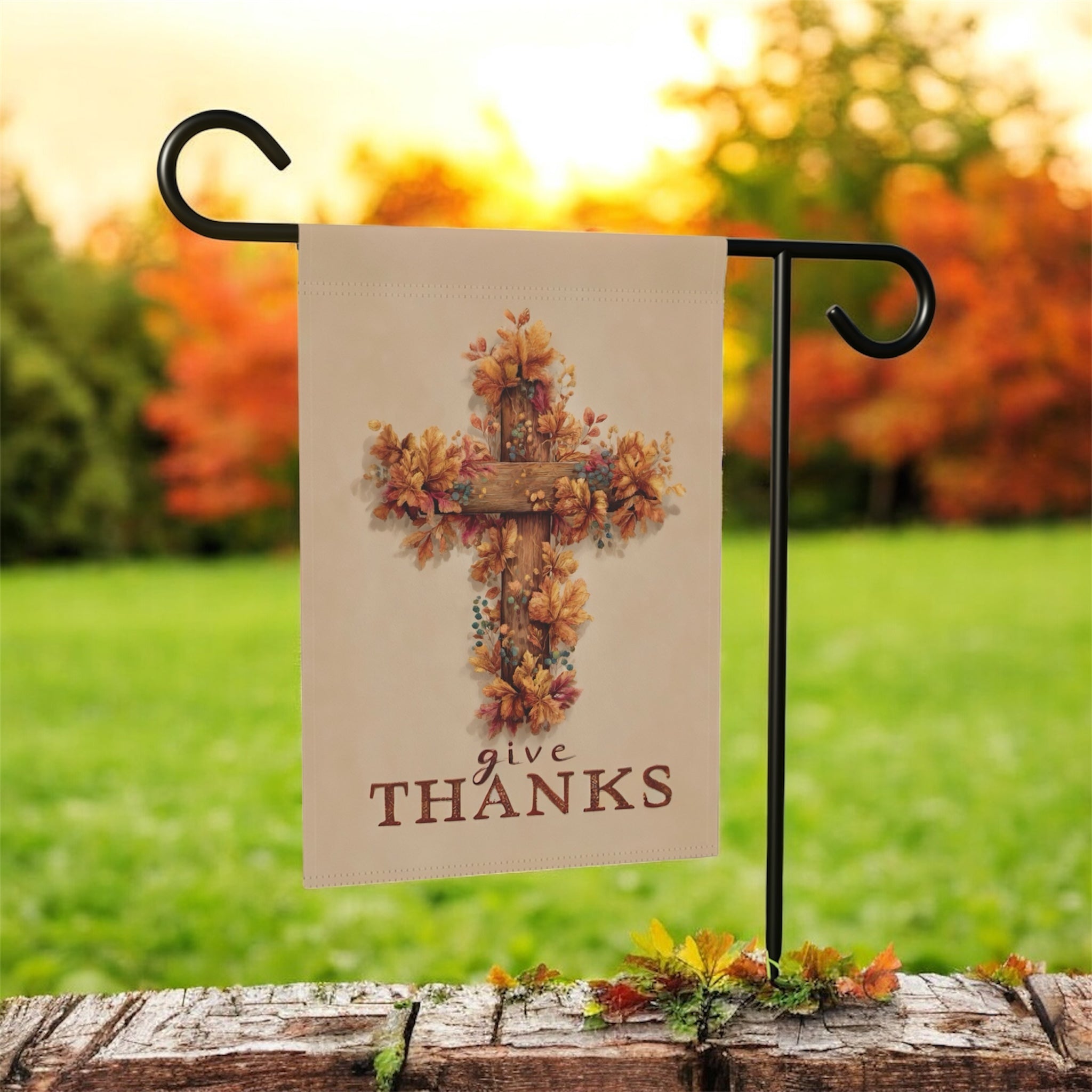 Give Thanks Fall Cross Garden Flag