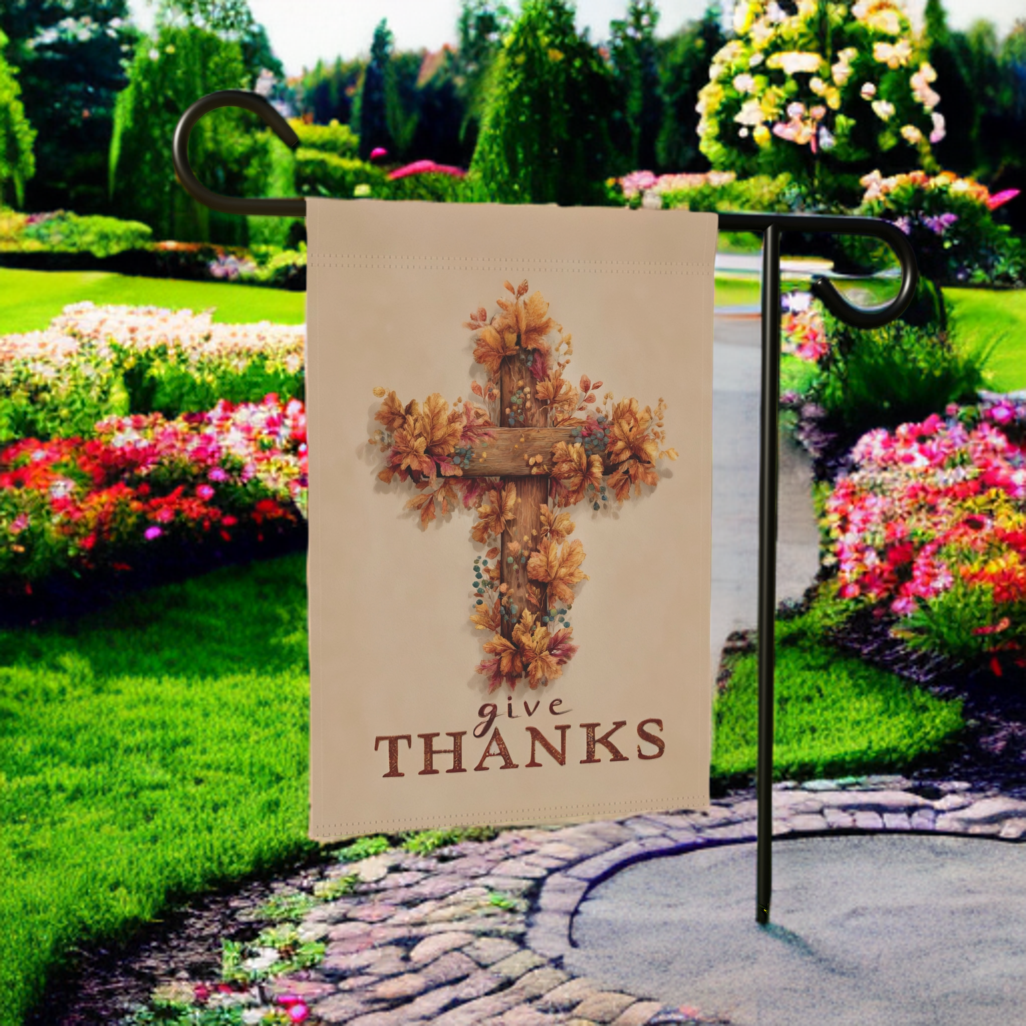 Give Thanks Fall Cross Garden Flag
