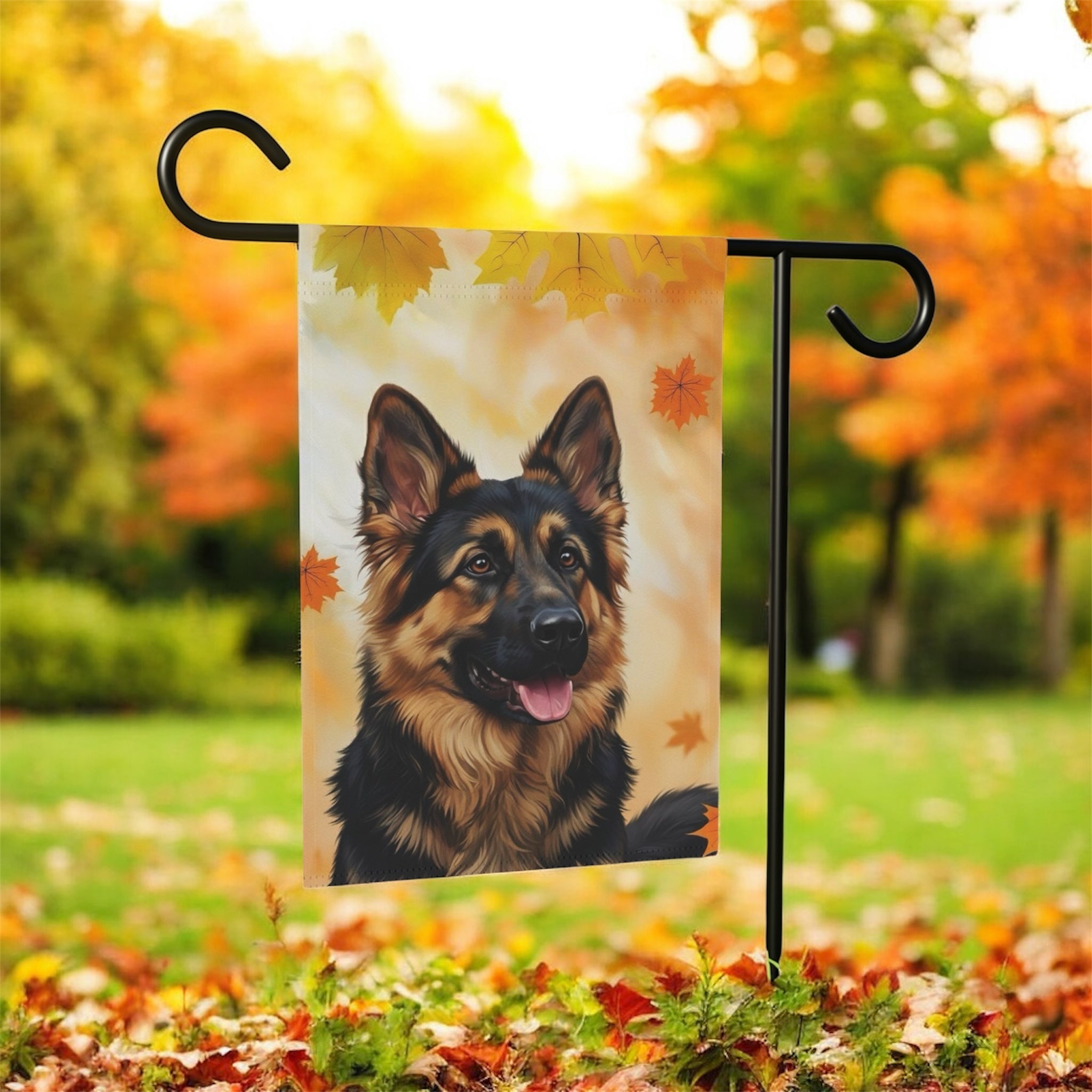 Fall Colors German Shepherd Garden Flag - front view - Dragonfire Gardens