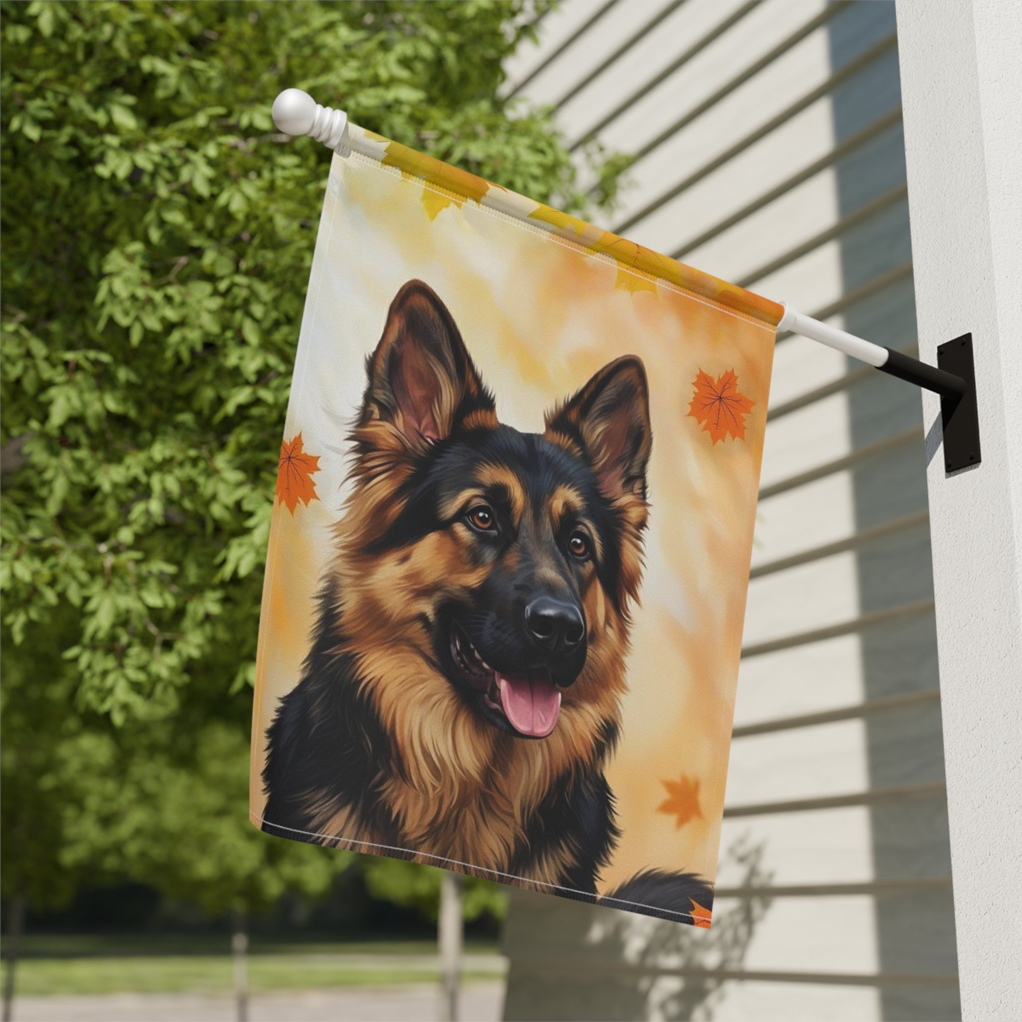 Fall Colors German Shepherd Garden Flag - close-up detail - Dragonfire Gardens