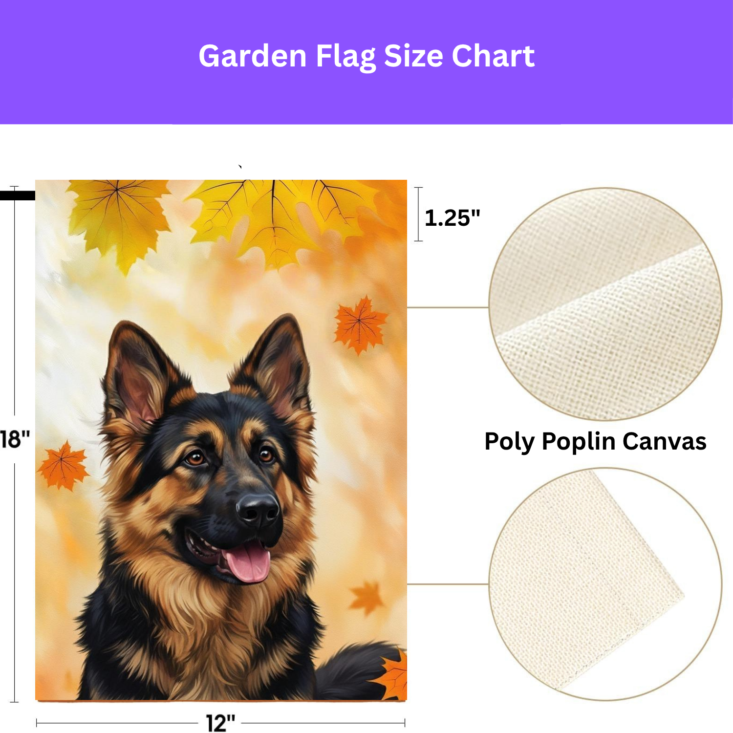 Fall Colors German Shepherd Garden Flag - size comparison - Dragonfire Gardens