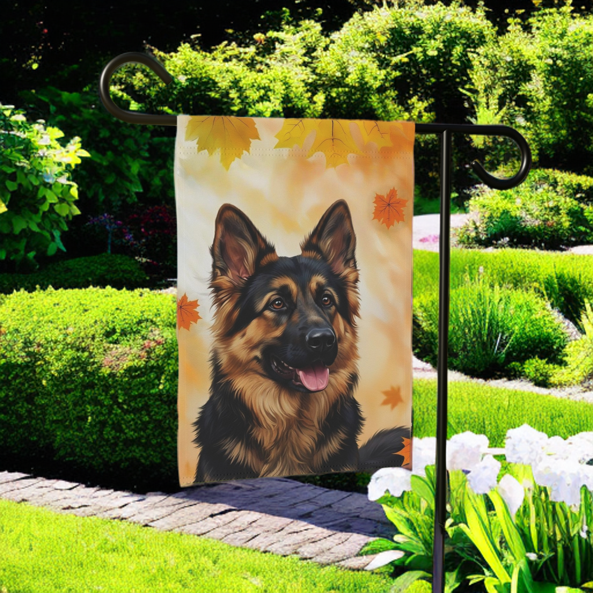 Fall Colors German Shepherd Garden Flag - lifestyle display - Dragonfire Gardens