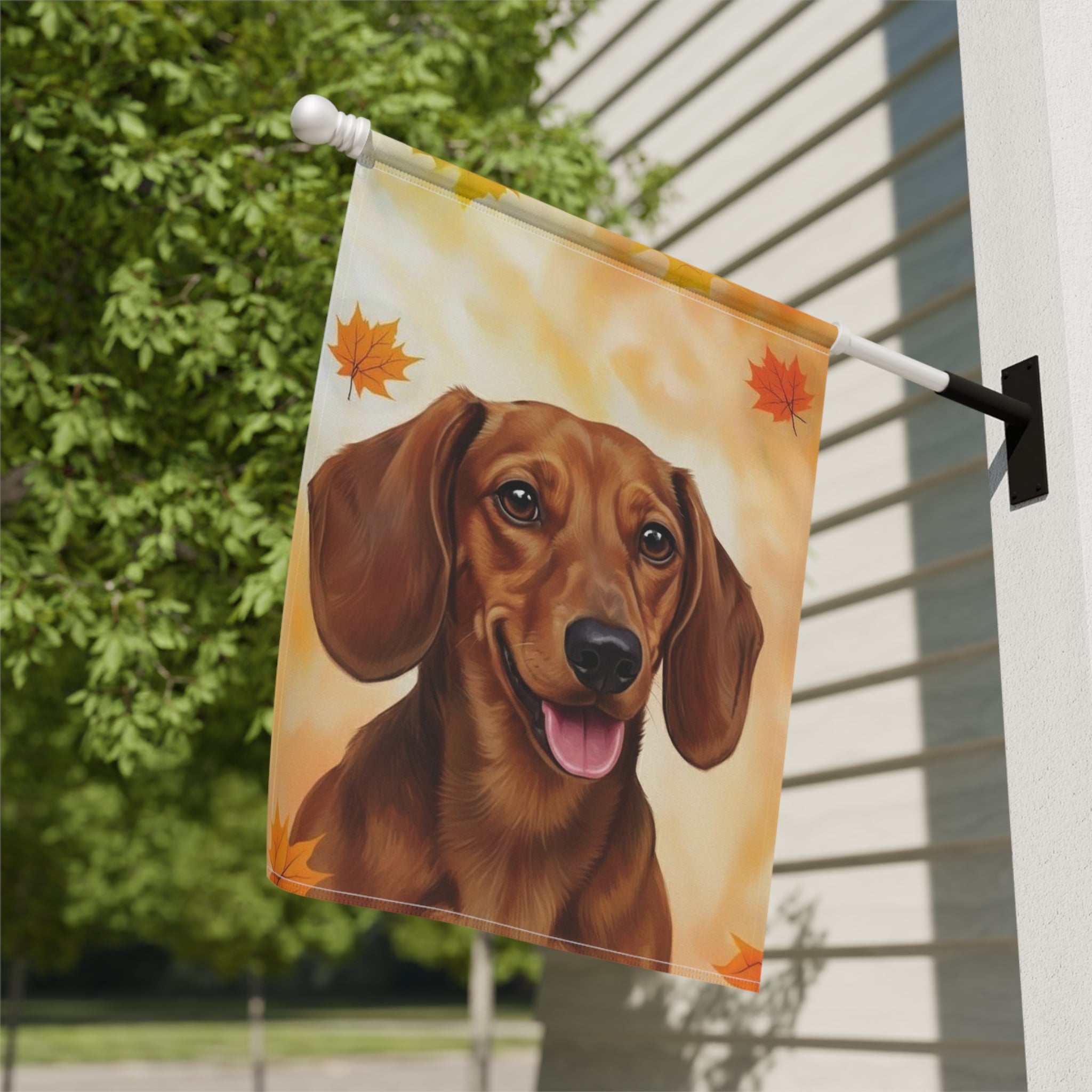 Fall Colors Dachshund Garden Flag - close-up detail - Dragonfire Gardens