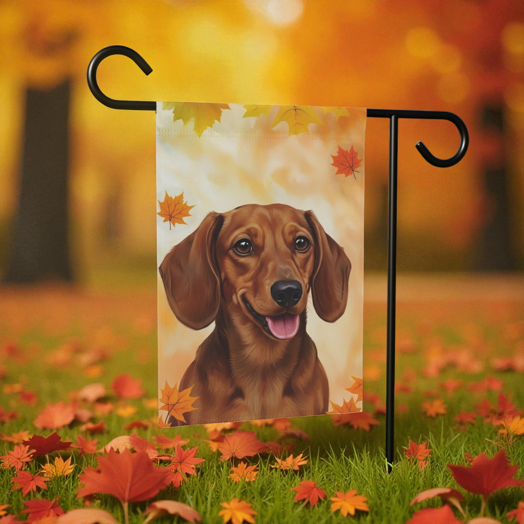 Fall Colors Dachshund Garden Flag - front view - Dragonfire Gardens