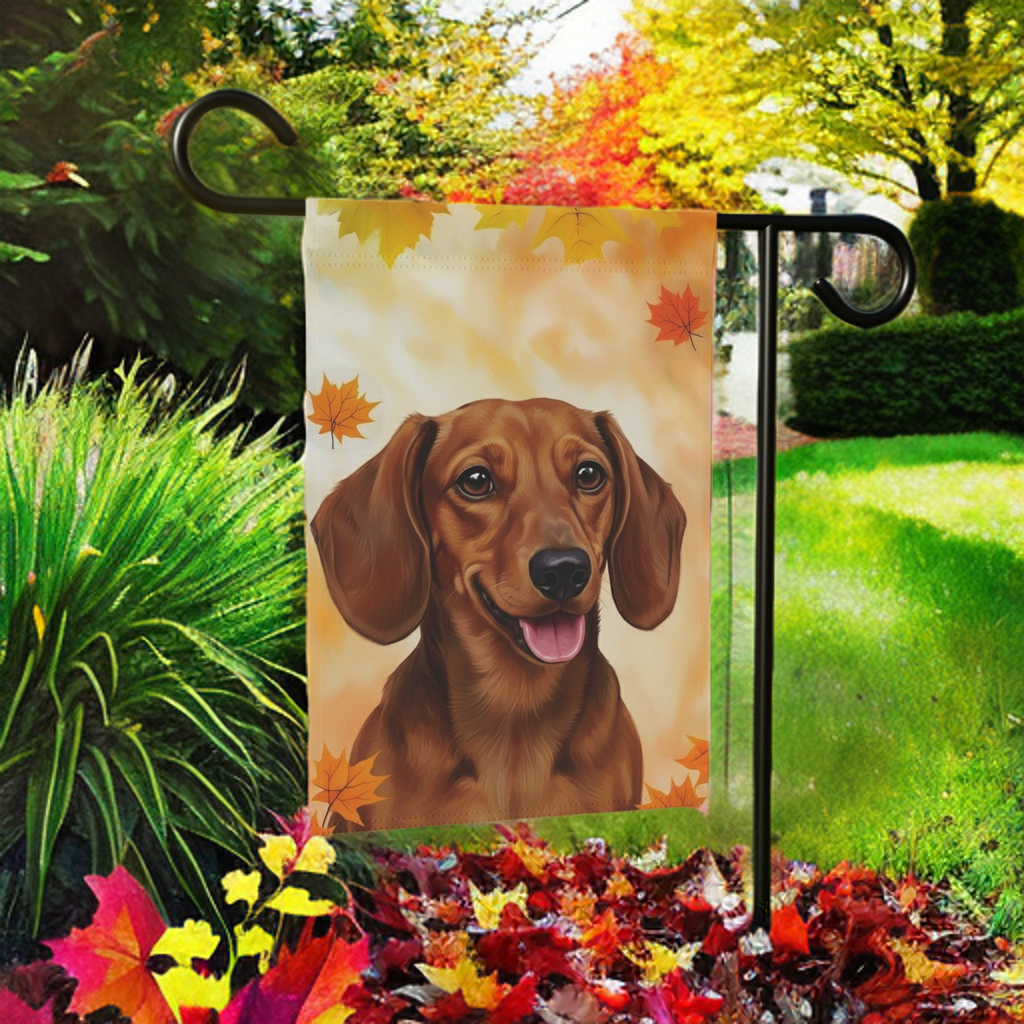 Fall Colors Dachshund Garden Flag - lifestyle display - Dragonfire Gardens