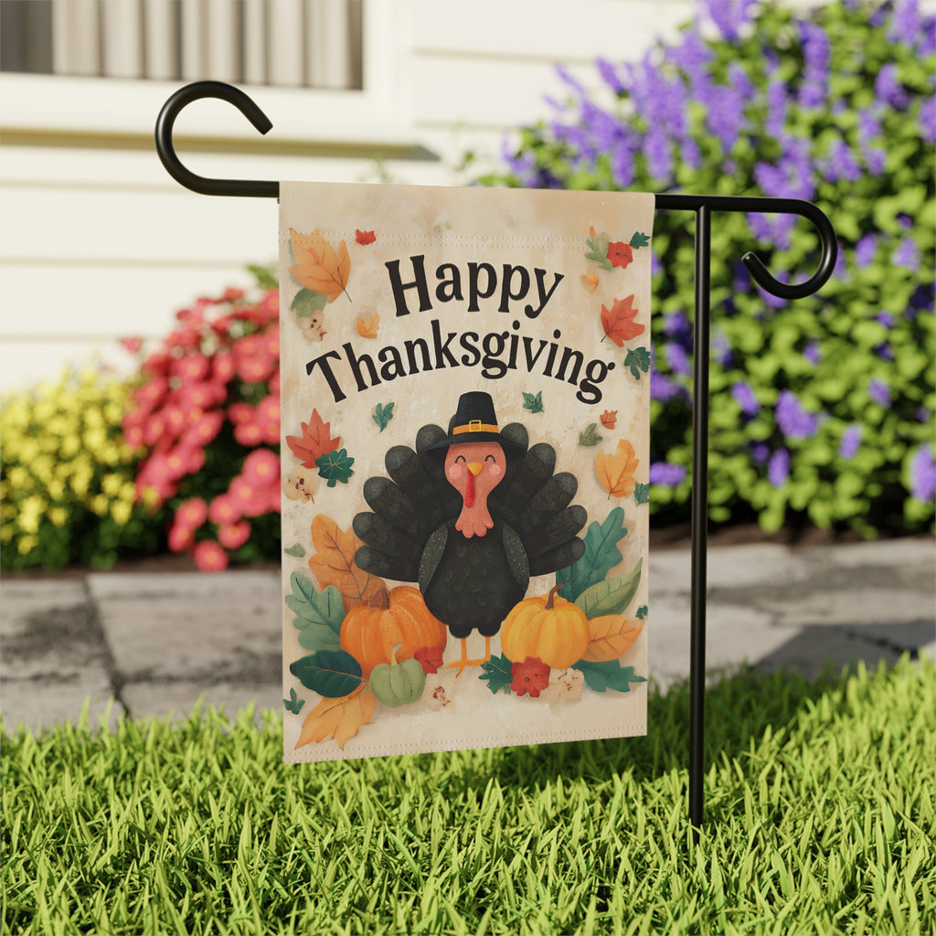 Happy Turkey Thanksgiving Garden Flag - outdoor display - Dragonfire Gardens