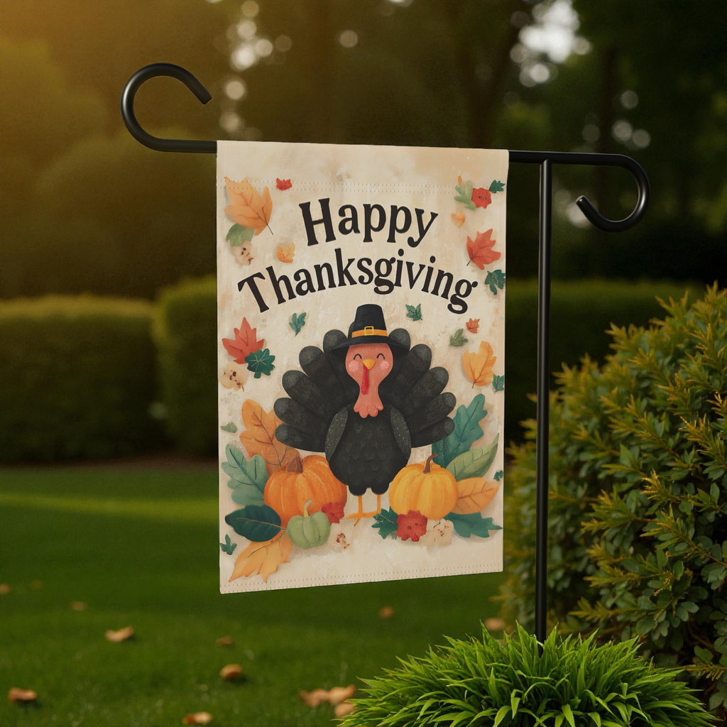 Happy Turkey Thanksgiving Garden Flag - size comparison - Dragonfire Gardens