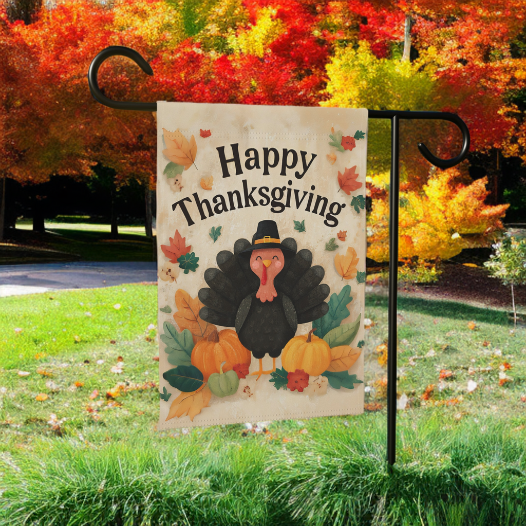 Happy Turkey Thanksgiving Garden Flag - lifestyle display - Dragonfire Gardens