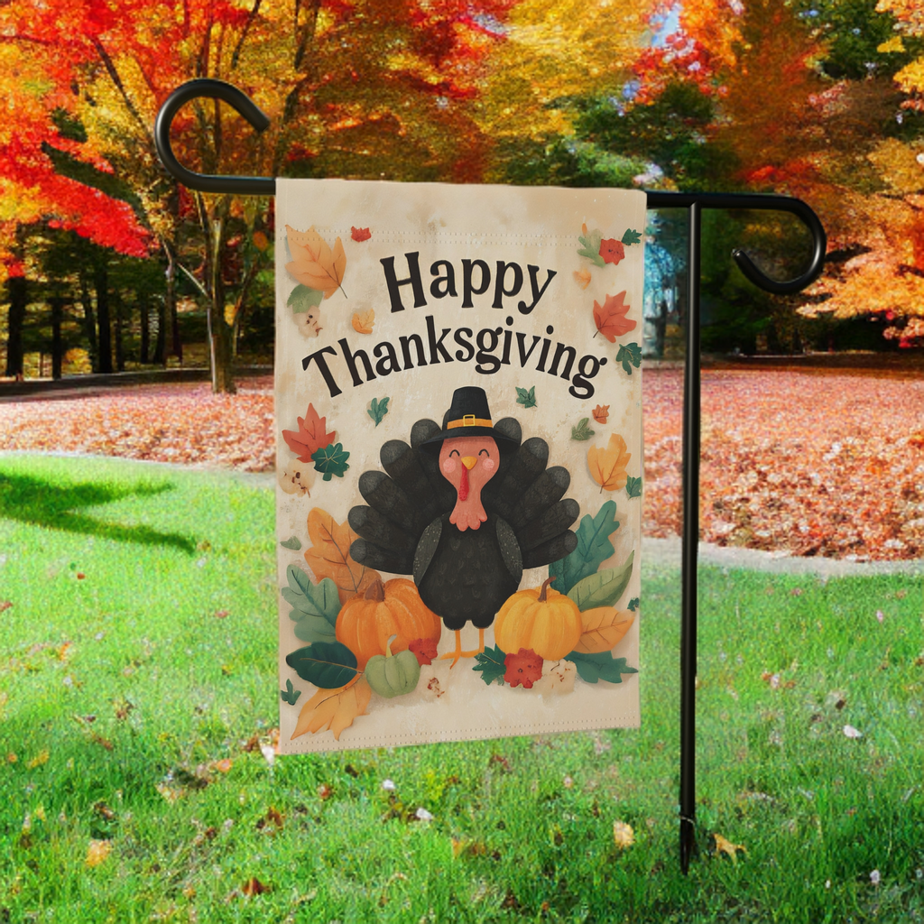 Happy Turkey Thanksgiving Garden Flag - front view - Dragonfire Gardens