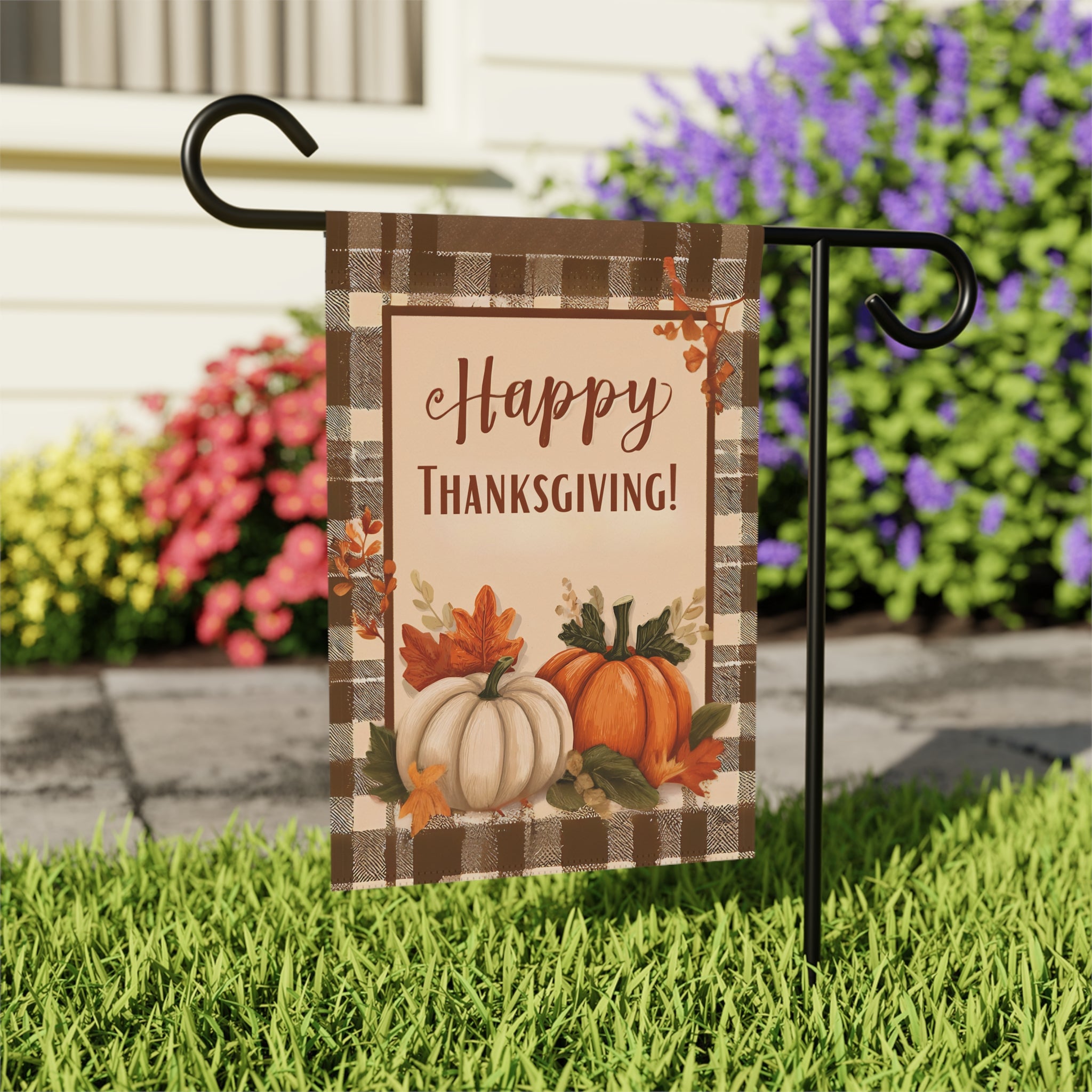 Plaid Border and Pumpkins Happy Thanksgiving Garden Flag - outdoor display - Dragonfire Gardens