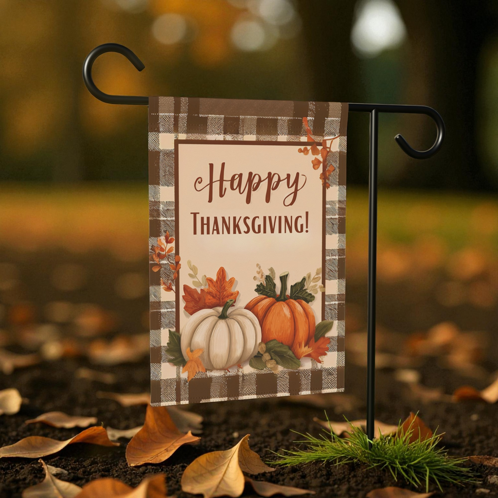 Plaid Border and Pumpkins Happy Thanksgiving Garden Flag - size comparison - Dragonfire Gardens