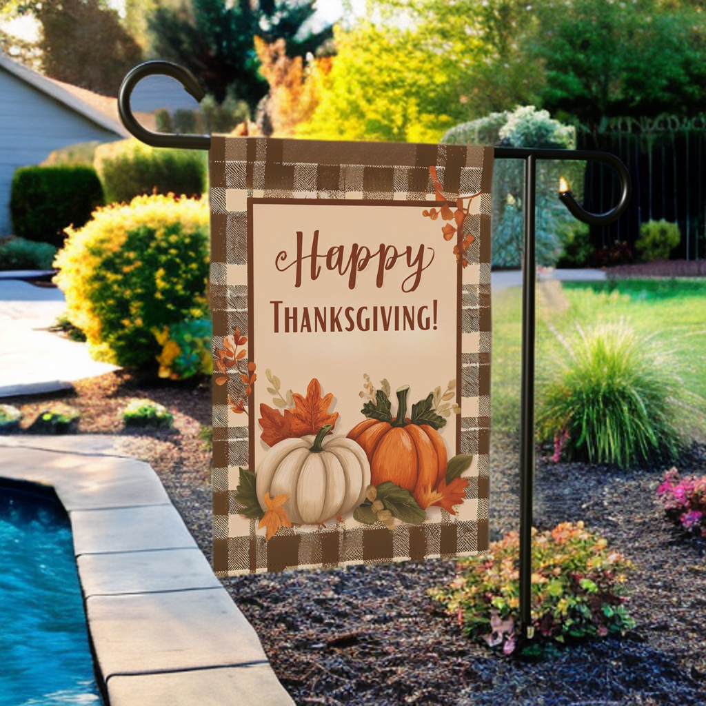 Plaid Border and Pumpkins Happy Thanksgiving Garden Flag - lifestyle display - Dragonfire Gardens