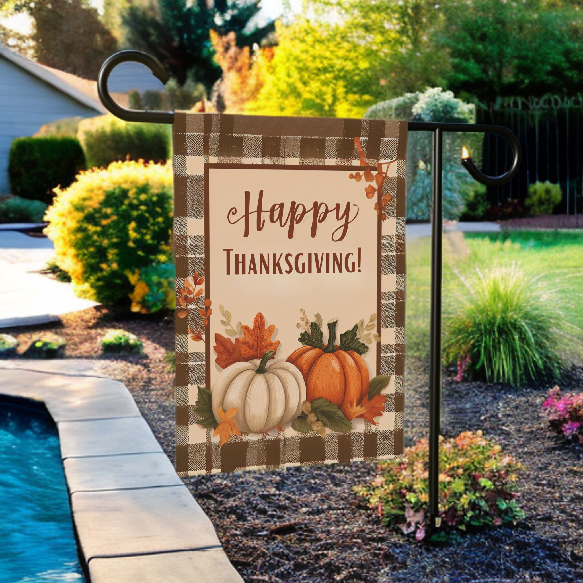 Plaid Border and Pumpkins Happy Thanksgiving Garden Flag - lifestyle display - Dragonfire Gardens