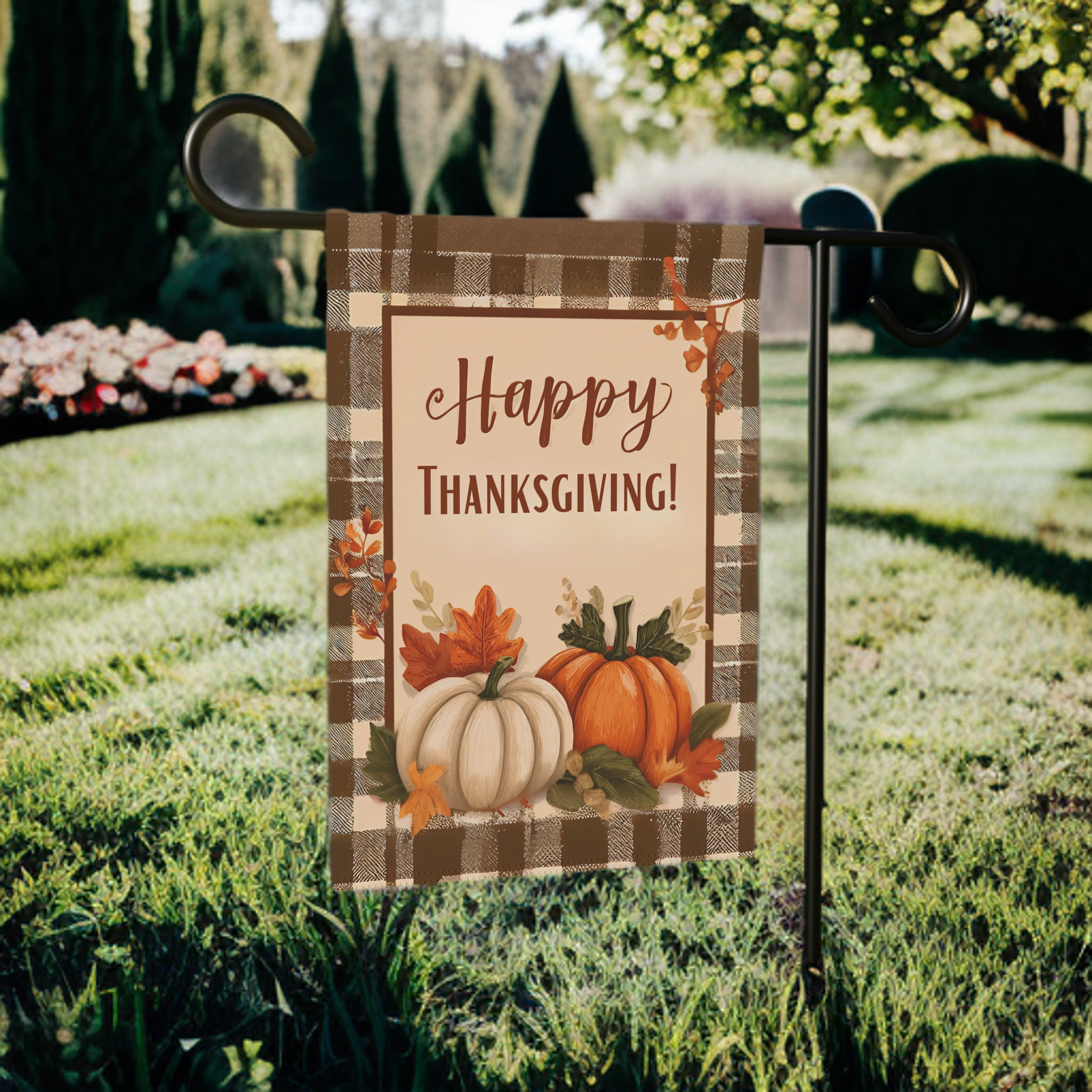 Plaid Border and Pumpkins Happy Thanksgiving Garden Flag - front view - Dragonfire Gardens