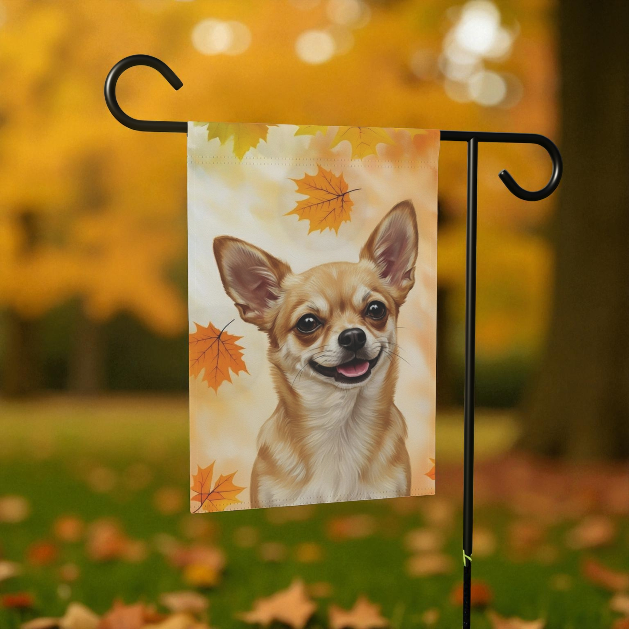 Fall Colors Chihuahua Garden Flag - size comparison - Dragonfire Gardens