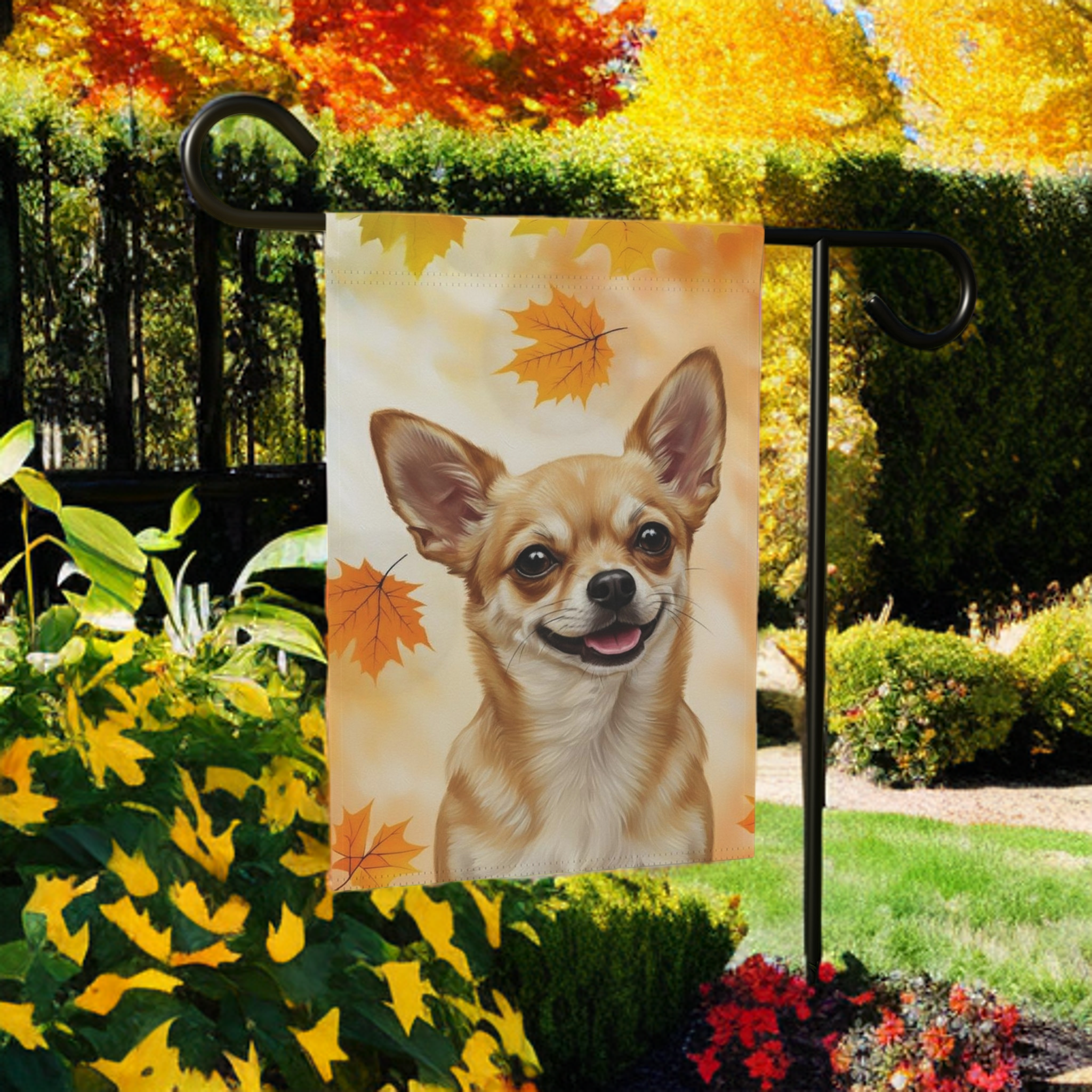 Fall Colors Chihuahua Garden Flag - lifestyle display - Dragonfire Gardens