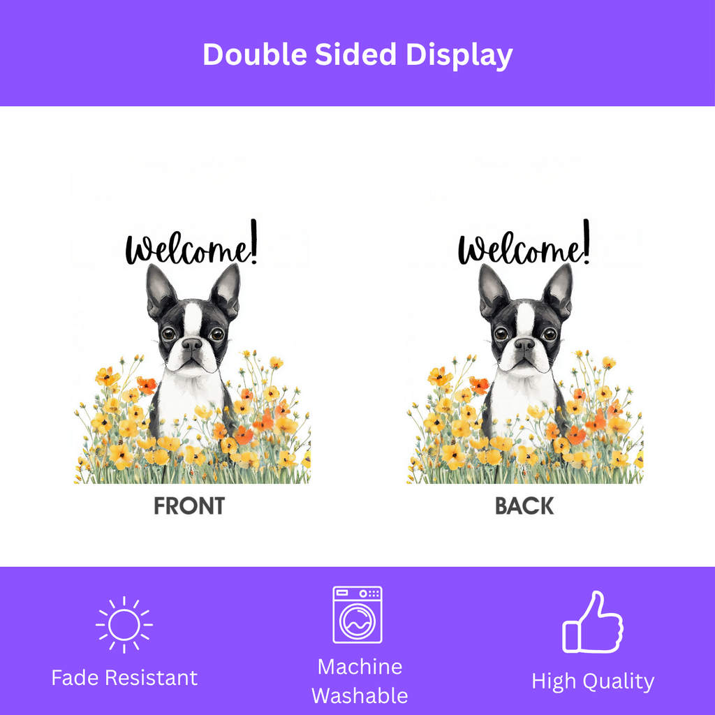 Yellow Poppies Boston Terrier Welcome Garden Flag - double-sided design - Dragonfire Gardens