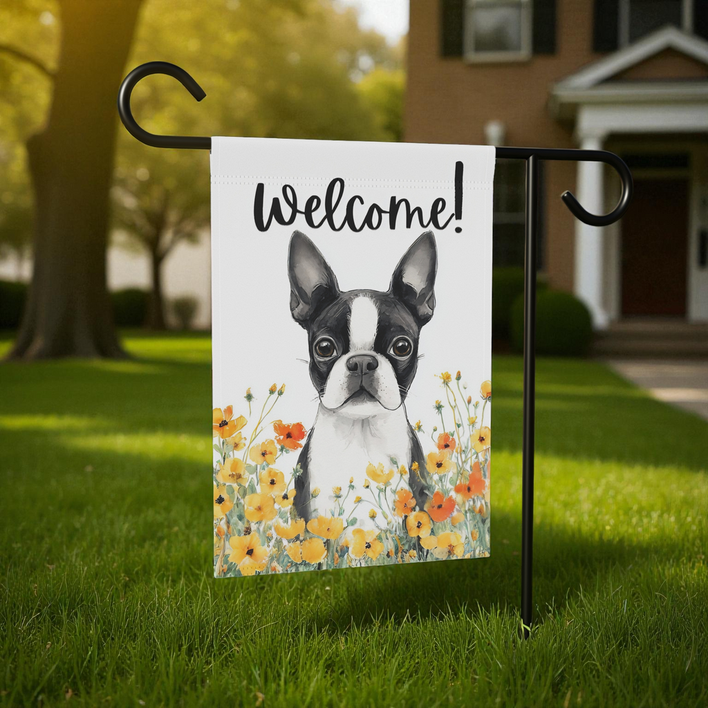 Yellow Poppies Boston Terrier Welcome Garden Flag - lifestyle display - Dragonfire Gardens