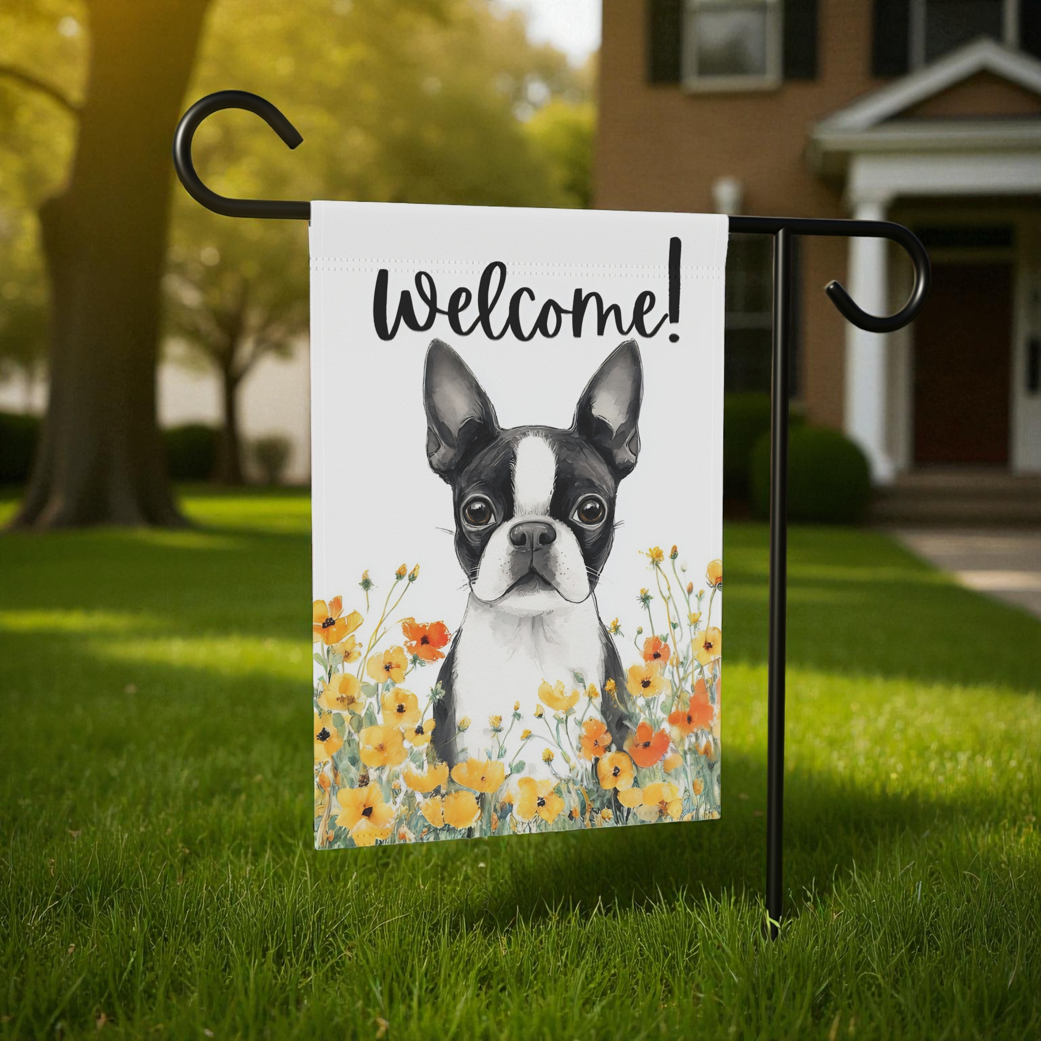 Yellow Poppies Boston Terrier Welcome Garden Flag - lifestyle display - Dragonfire Gardens