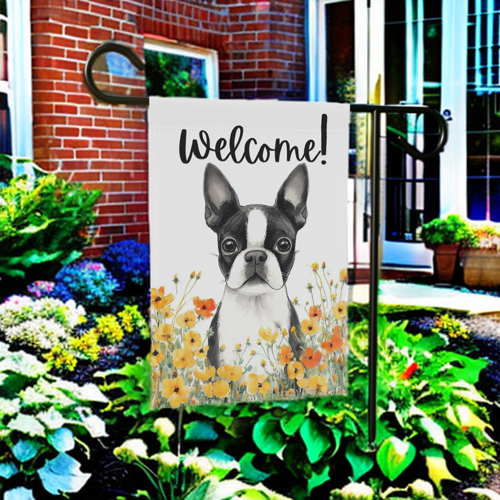 Yellow Poppies Boston Terrier Welcome Garden Flag - size comparison - Dragonfire Gardens