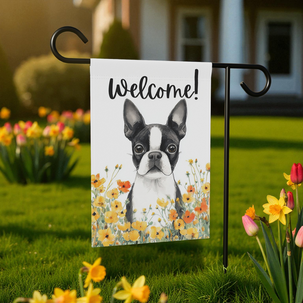 Yellow Poppies Boston Terrier Welcome Garden Flag - front view - Dragonfire Gardens