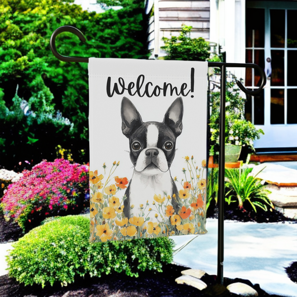 Yellow Poppies Boston Terrier Welcome Garden Flag - product detail - Dragonfire Gardens