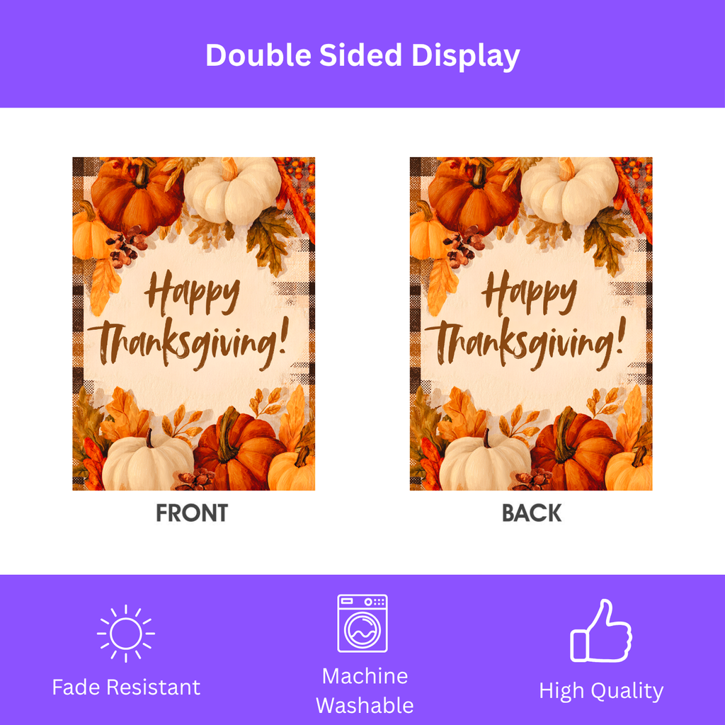 Pumpkin With Leaves Happy Thanksgiving Garden Flag - double-sided design - Dragonfire Gardens