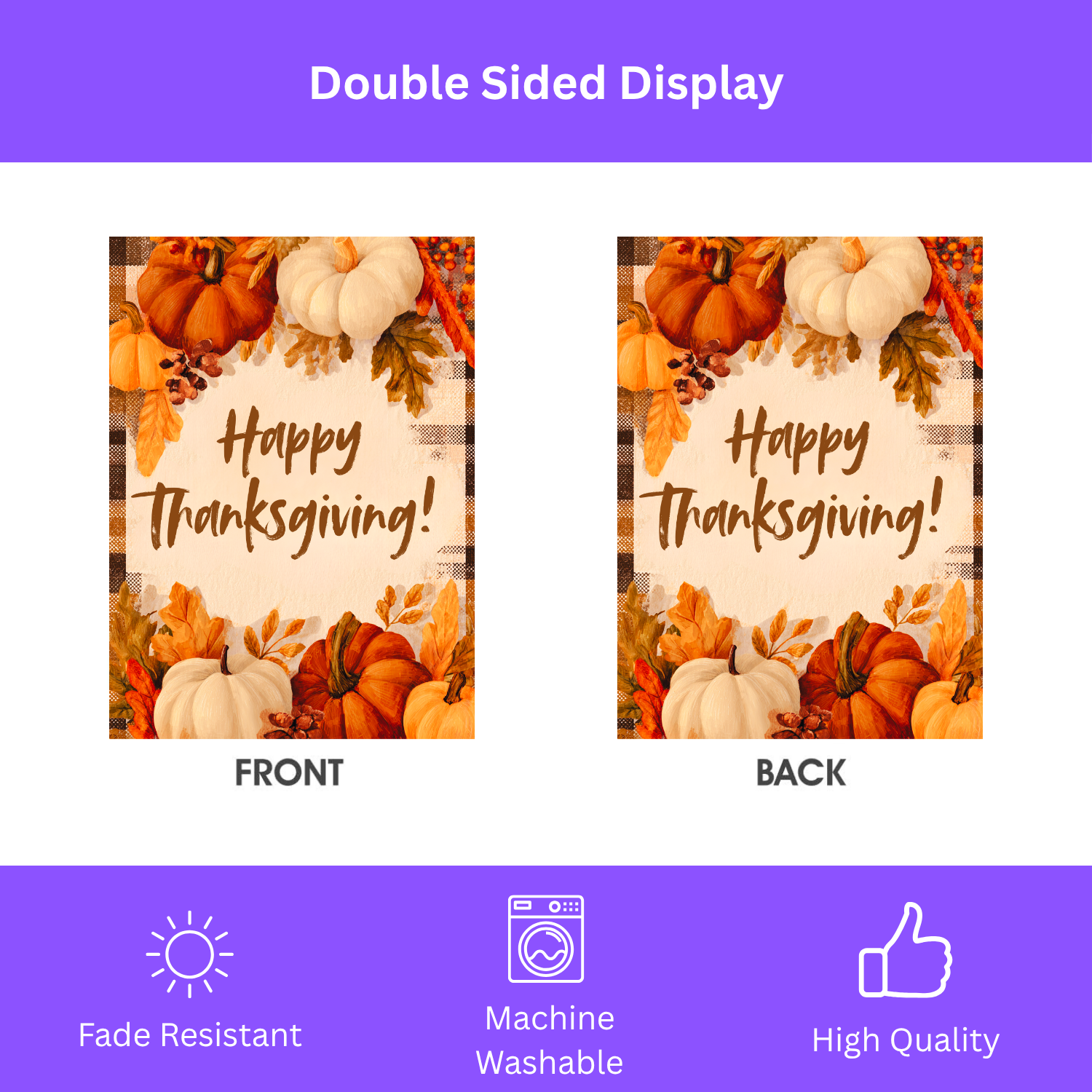 Pumpkin With Leaves Happy Thanksgiving Garden Flag - double-sided design - Dragonfire Gardens