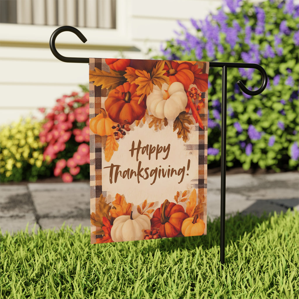 Pumpkin With Leaves Happy Thanksgiving Garden Flag - outdoor display - Dragonfire Gardens