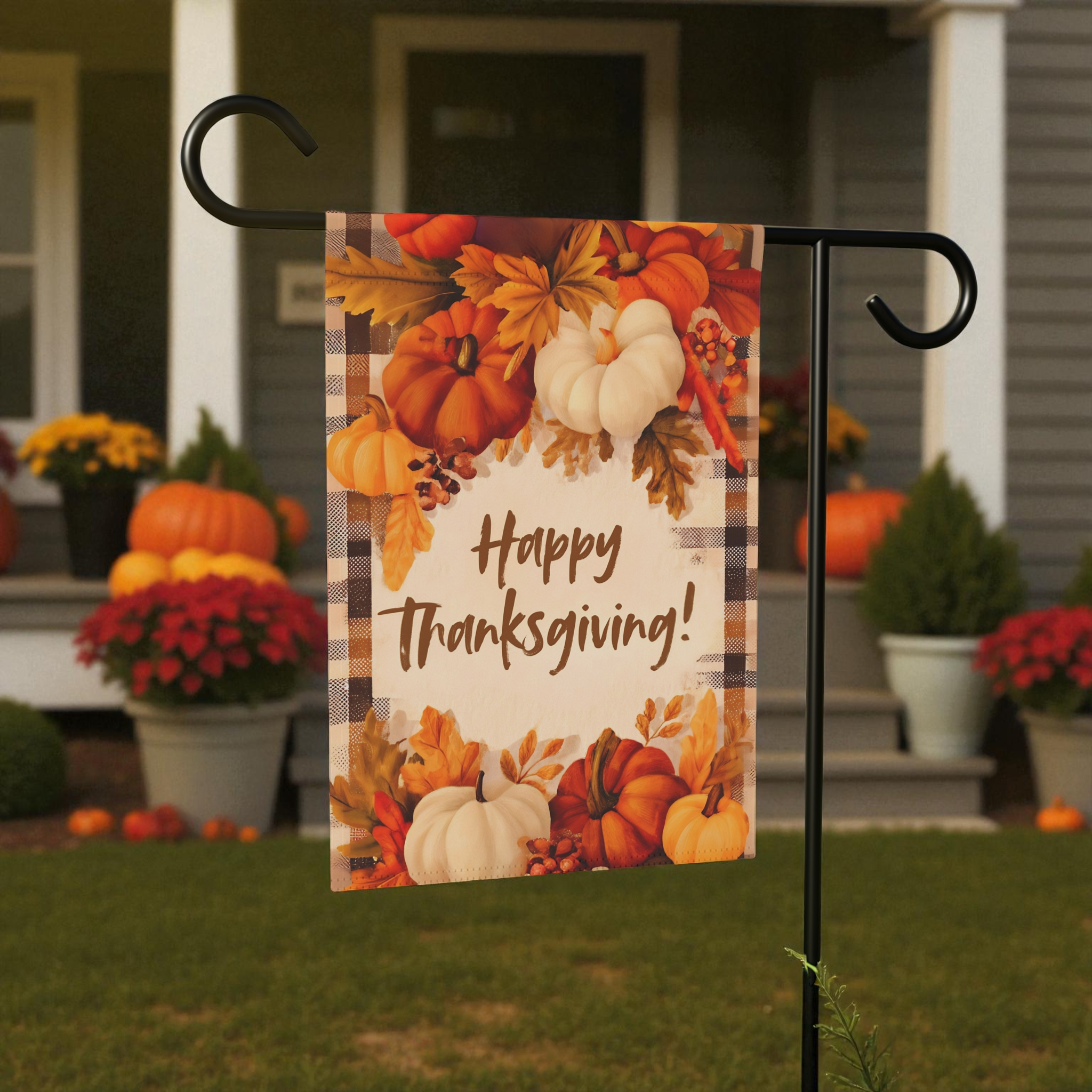 Pumpkin With Leaves Happy Thanksgiving Garden Flag - size comparison - Dragonfire Gardens