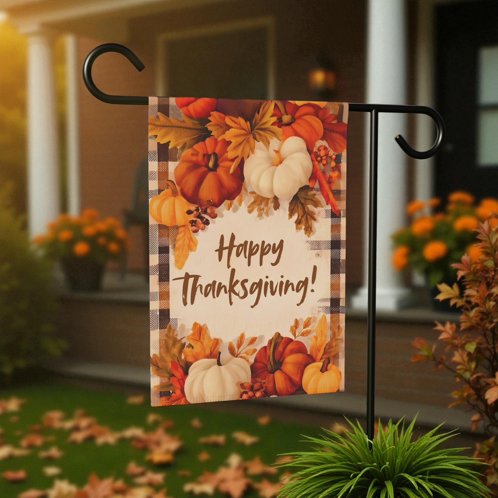 Pumpkin With Leaves Happy Thanksgiving Garden Flag - front view - Dragonfire Gardens