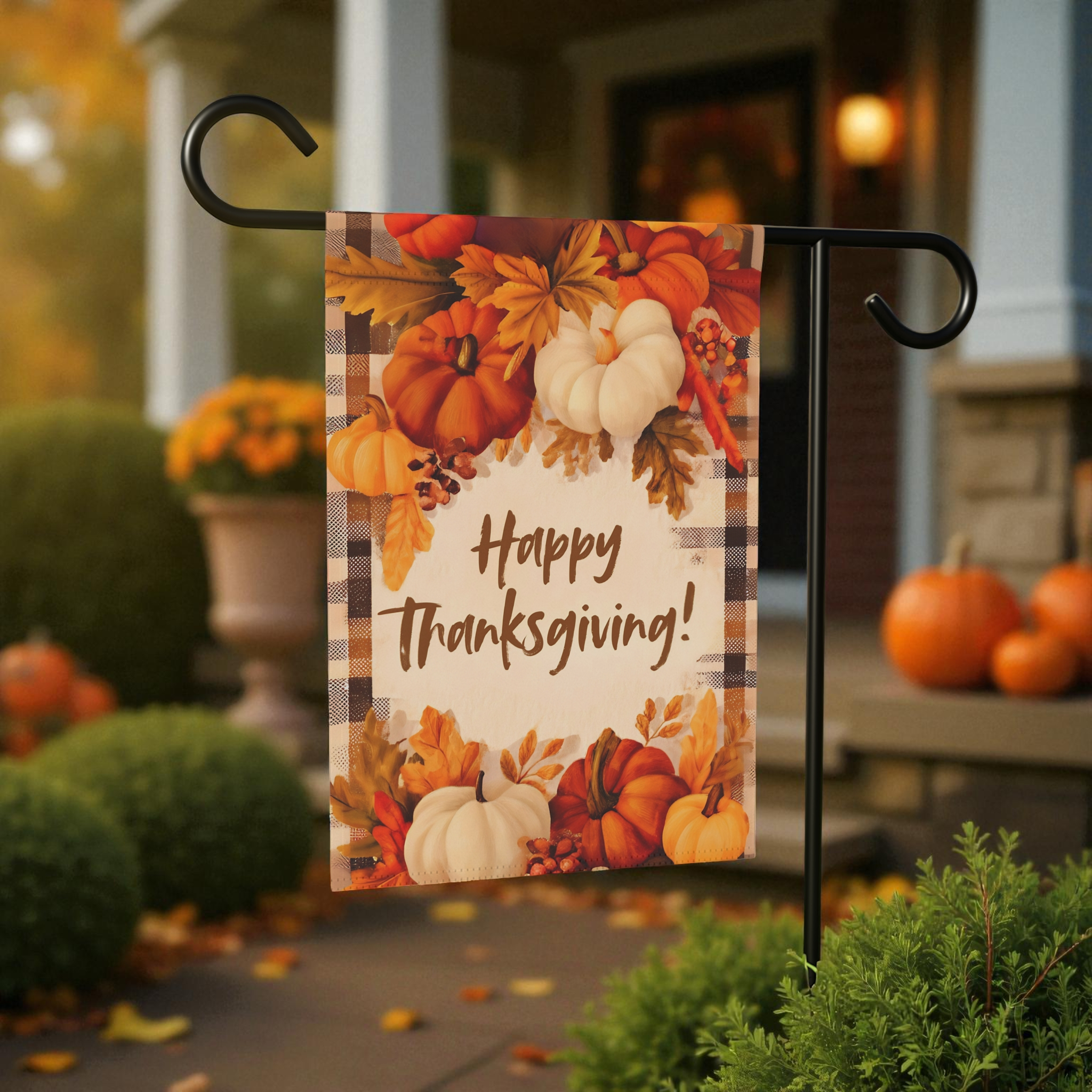 Pumpkin With Leaves Happy Thanksgiving Garden Flag - lifestyle display - Dragonfire Gardens