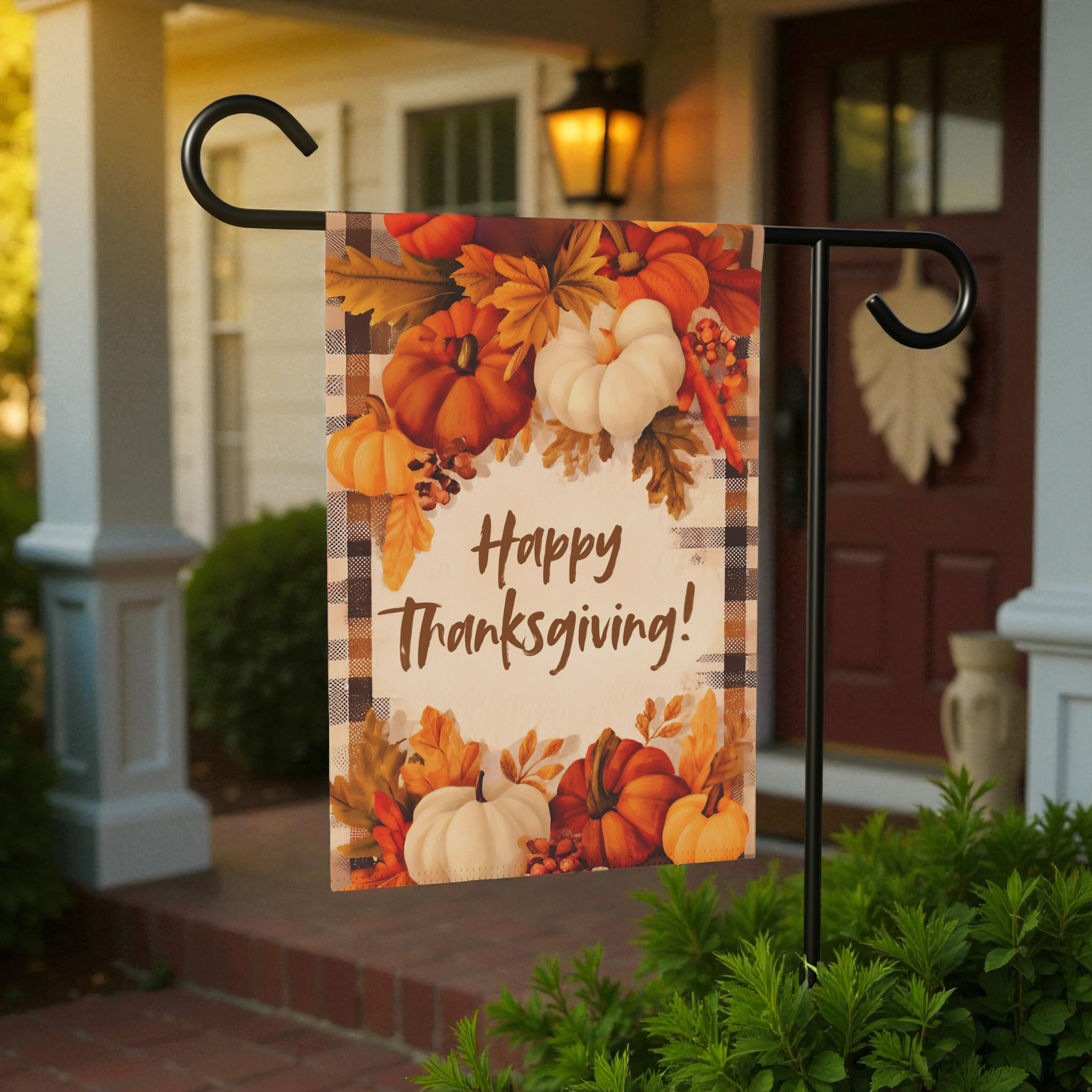 Pumpkin With Leaves Happy Thanksgiving Garden Flag - product detail - Dragonfire Gardens