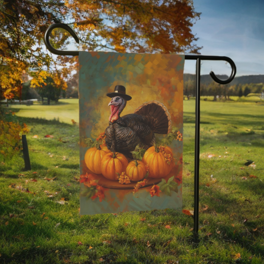 Pilgrim Turkey Thanksgiving Garden Flag - double-sided design - Dragonfire Gardens