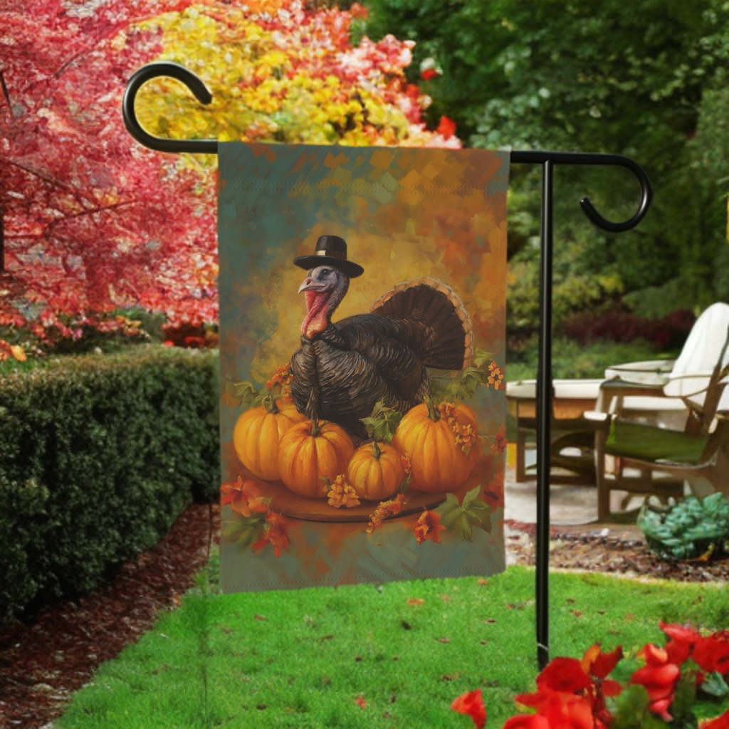 Pilgrim Turkey Thanksgiving Garden Flag - porch decor - Dragonfire Gardens