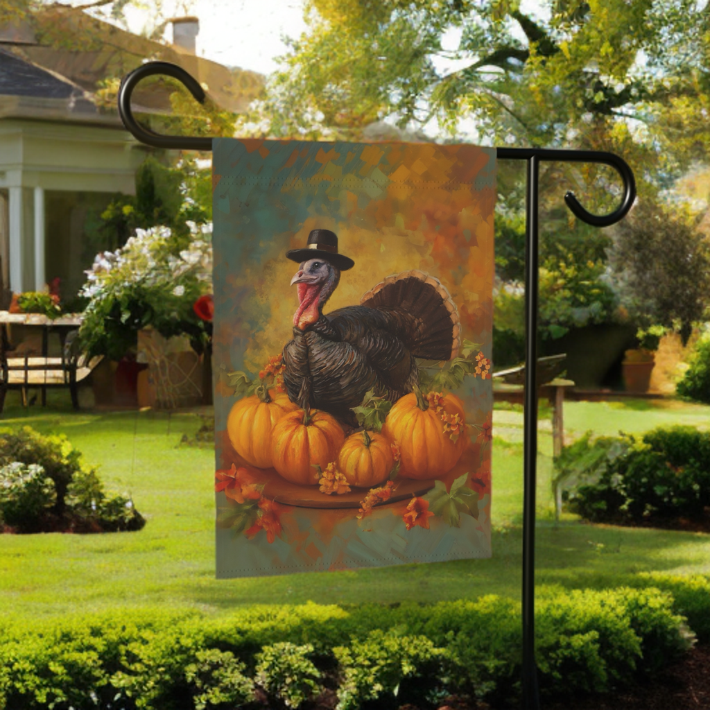 Pilgrim Turkey Thanksgiving Garden Flag - front view - Dragonfire Gardens