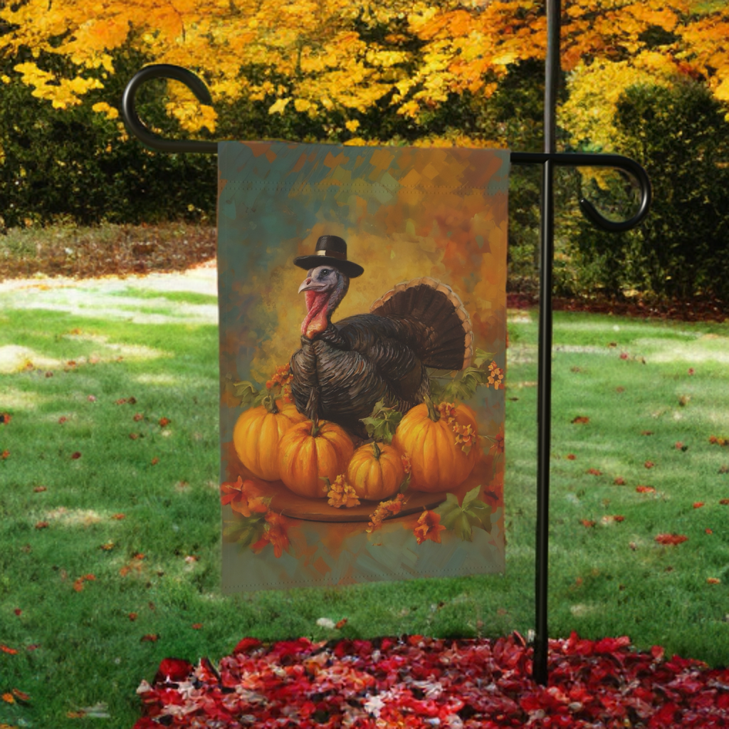 Pilgrim Turkey Thanksgiving Garden Flag - size comparison - Dragonfire Gardens