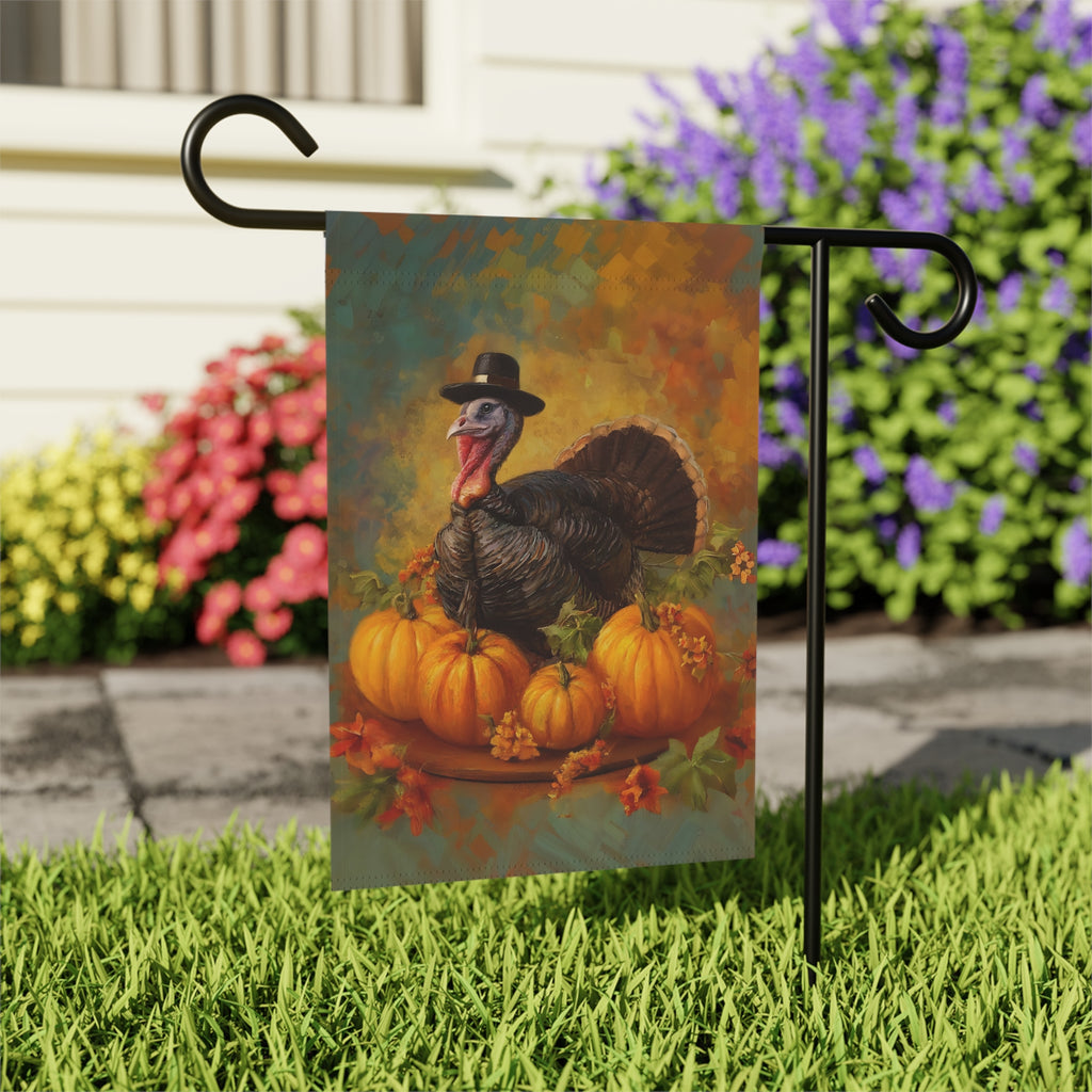 Pilgrim Turkey Thanksgiving Garden Flag - outdoor display - Dragonfire Gardens