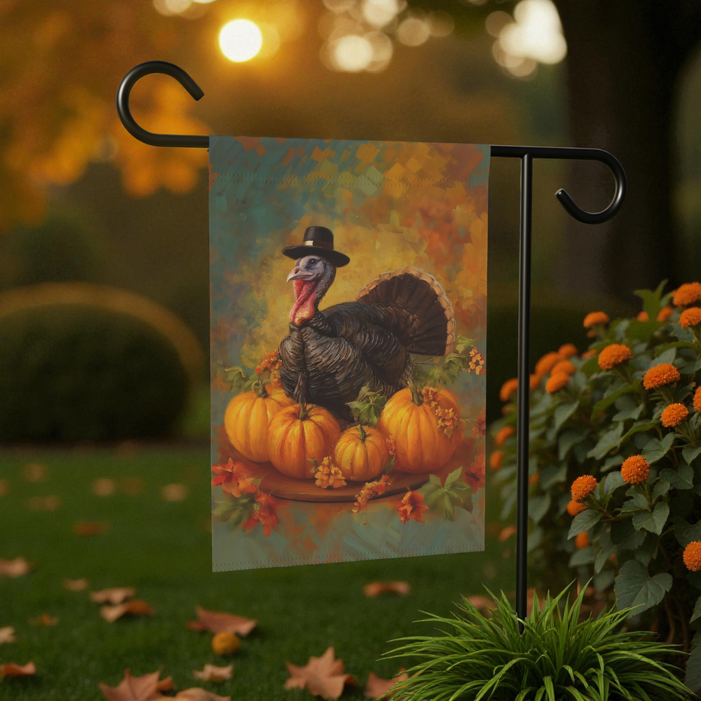 Pilgrim Turkey Thanksgiving Garden Flag - banner view - Dragonfire Gardens
