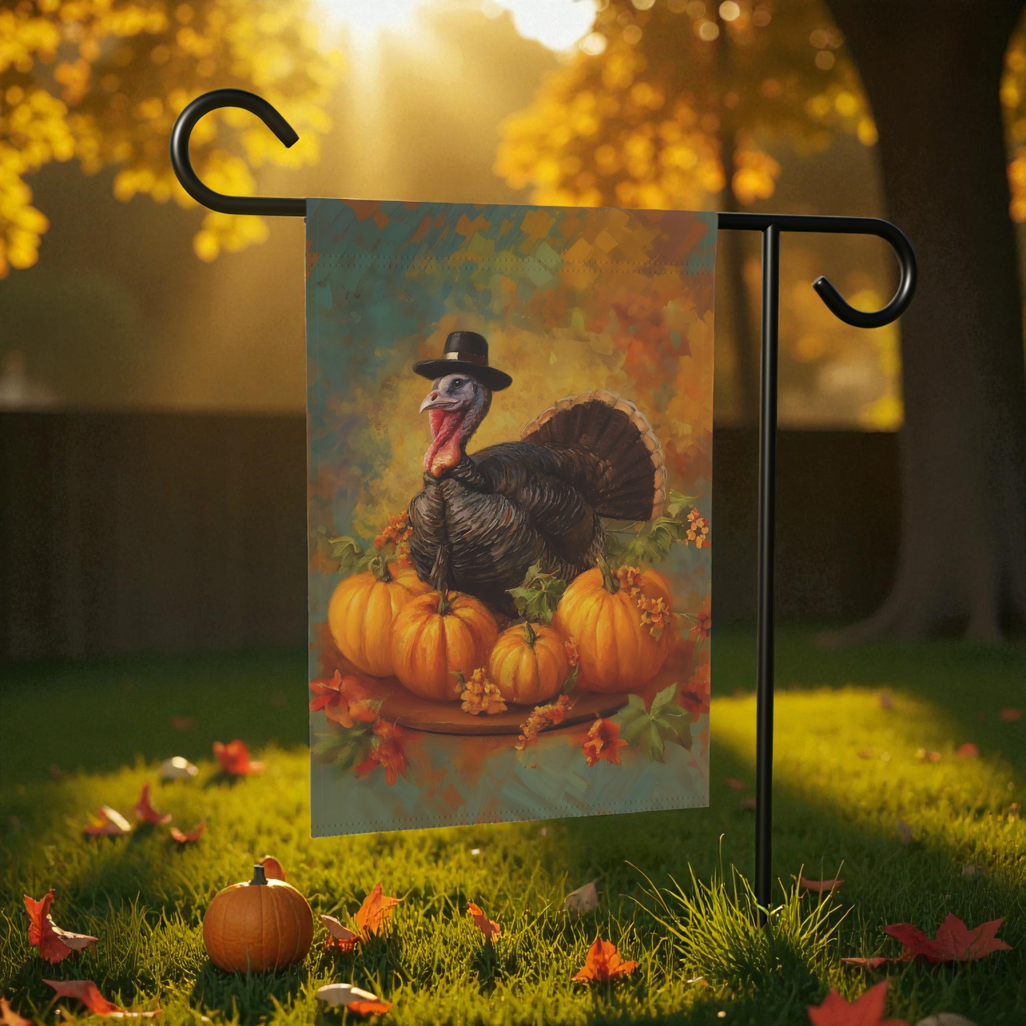 Pilgrim Turkey Thanksgiving Garden Flag - front view - Dragonfire Gardens