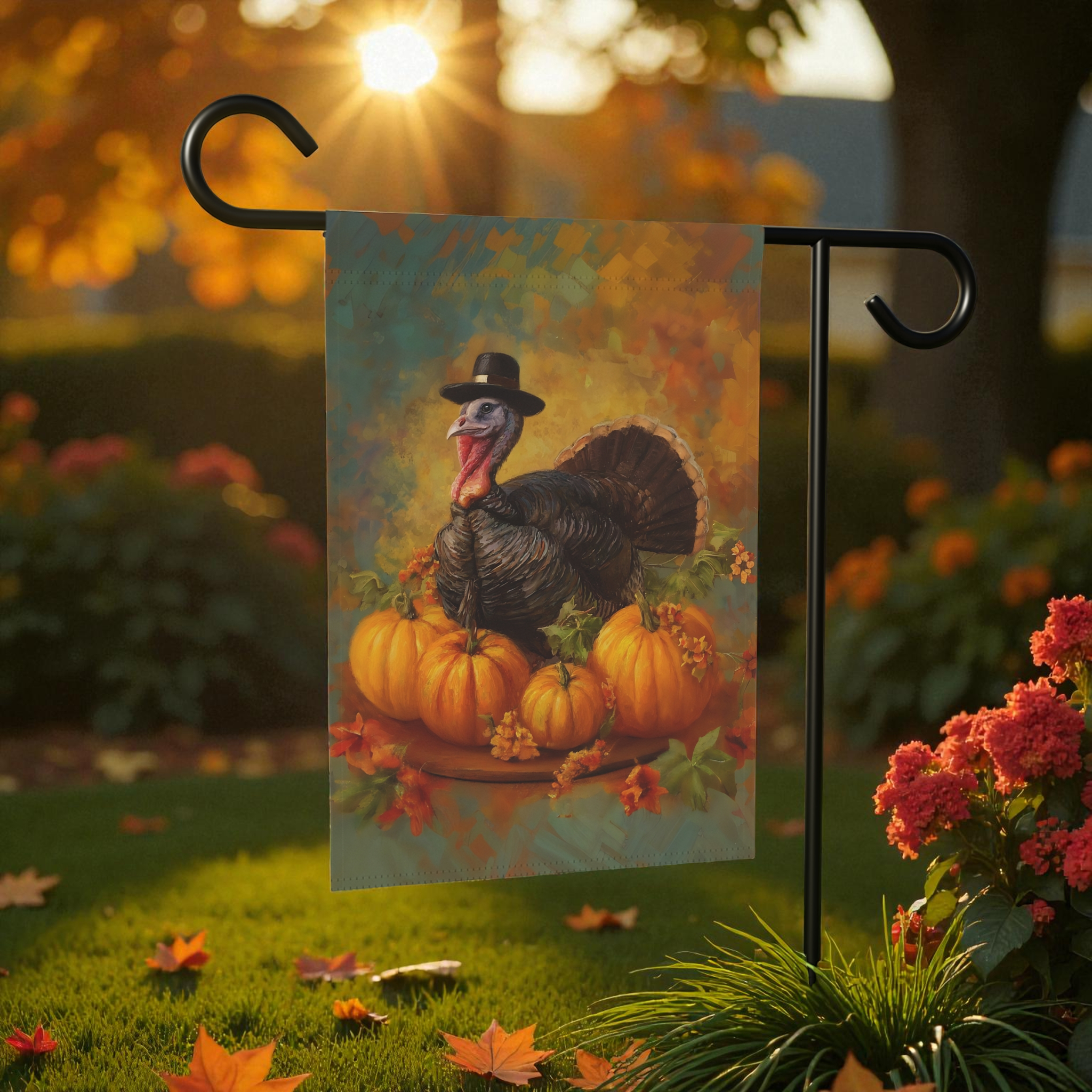 Pilgrim Turkey Thanksgiving Garden Flag - outdoor display - Dragonfire Gardens