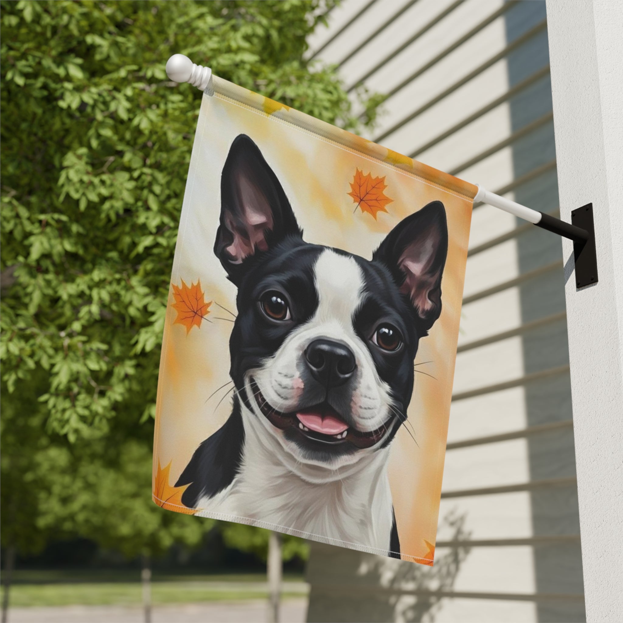 Fall Colors Boston Terrier Garden Flag - close-up detail - Dragonfire Gardens