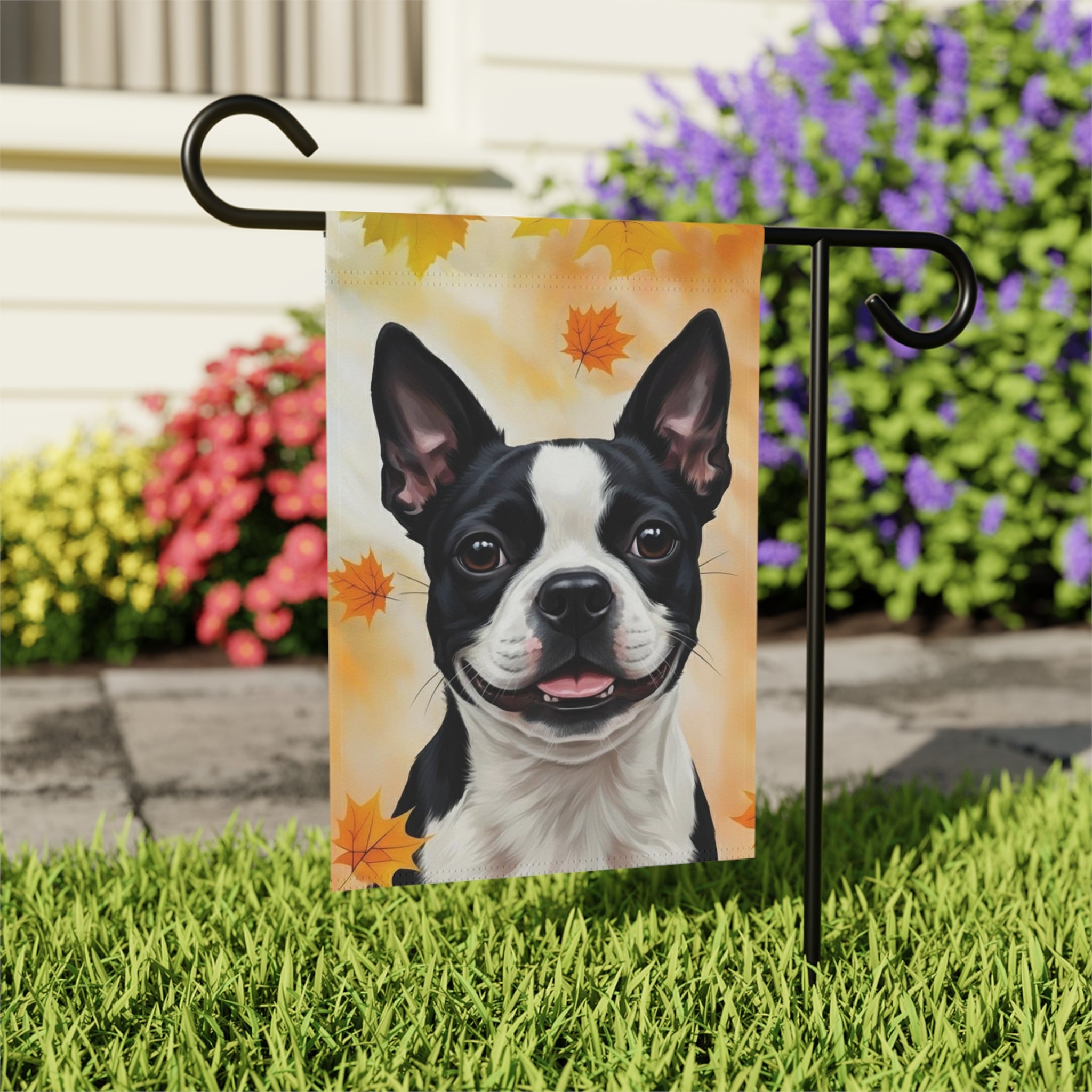 Fall Colors Boston Terrier Garden Flag - outdoor display - Dragonfire Gardens