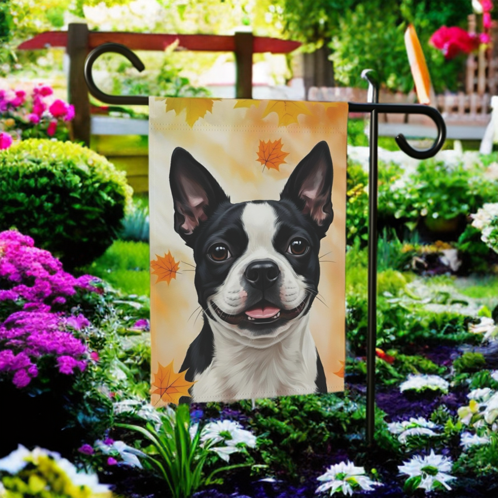 Fall Colors Boston Terrier Garden Flag - size comparison - Dragonfire Gardens