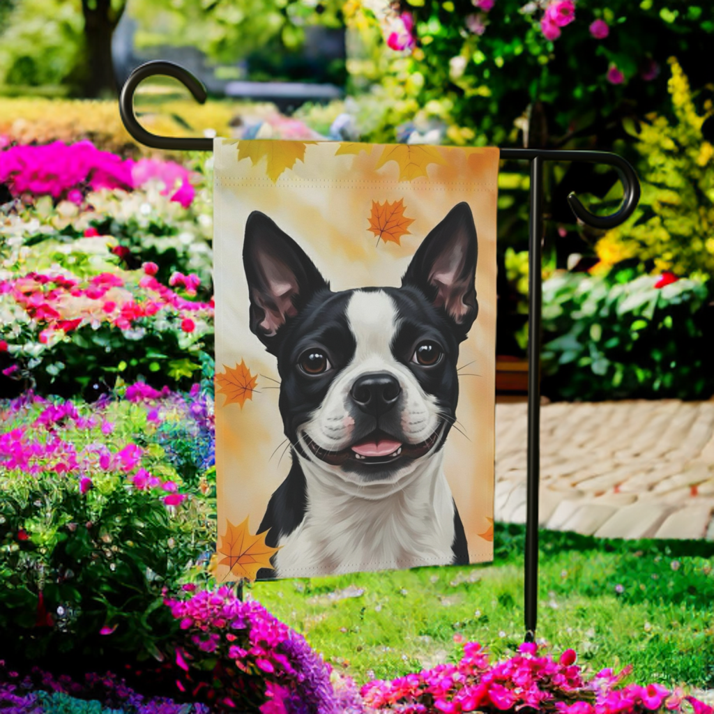 Fall Colors Boston Terrier Garden Flag - product detail - Dragonfire Gardens