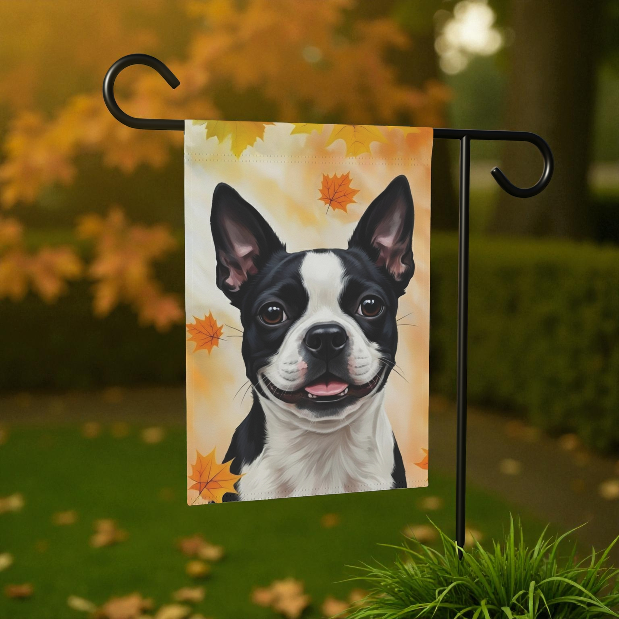 Fall Colors Boston Terrier Garden Flag - front view - Dragonfire Gardens