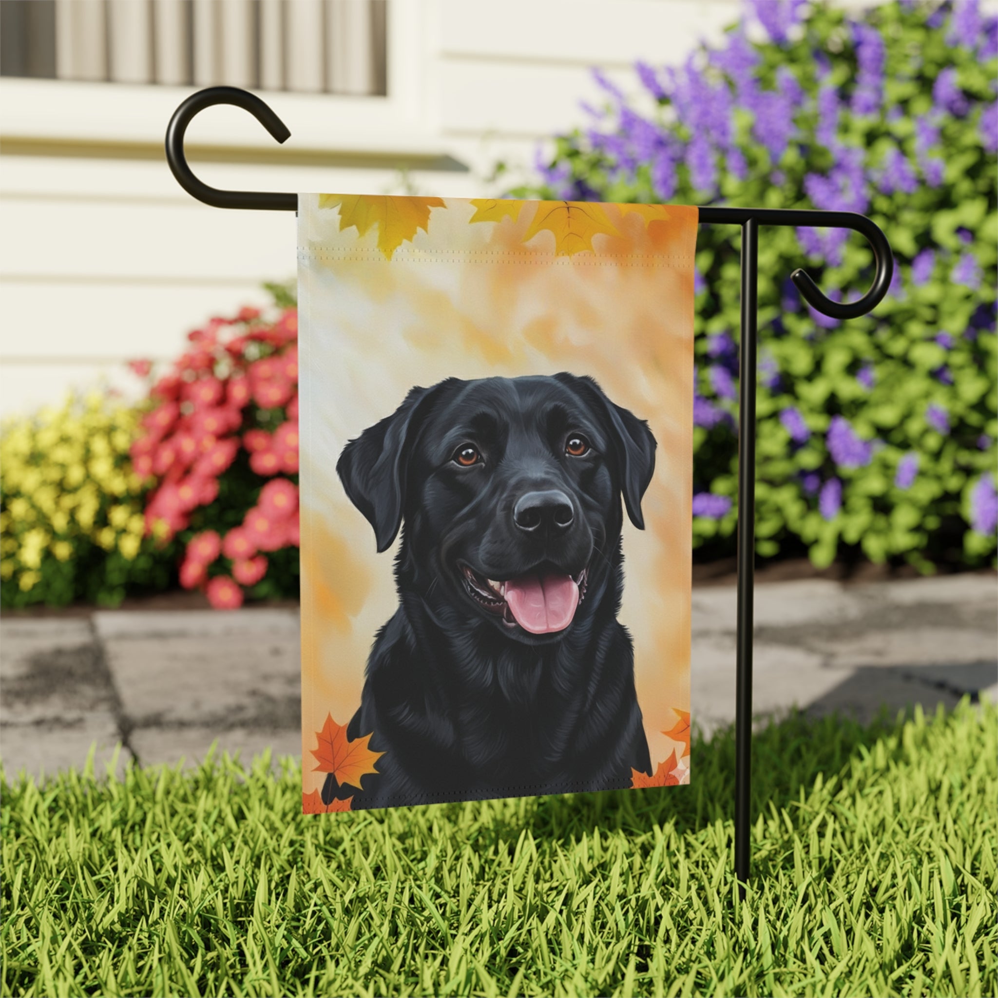 Fall Colors Black Labrador Retriever Garden Flag - outdoor display - Dragonfire Gardens